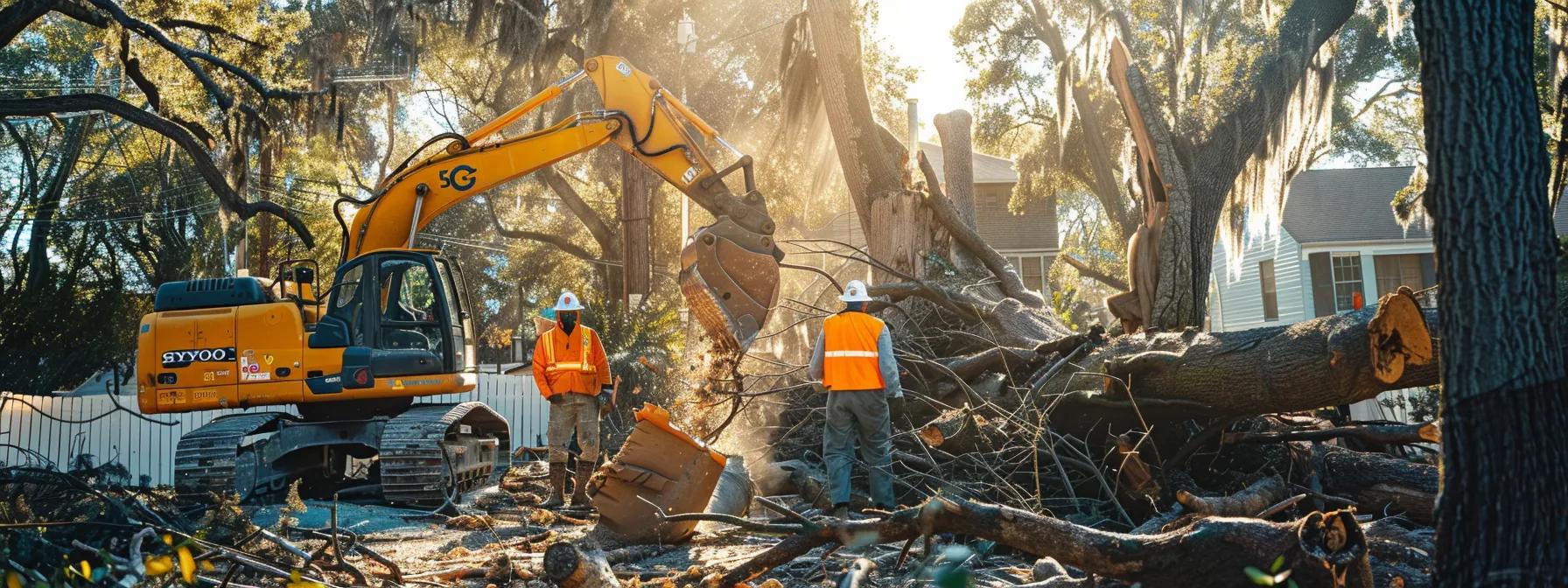 a professional urban tree removal team operates in a well-organized commercial setting, showcasing heavy equipment and safety gear as they efficiently clear large trees from a property, emphasizing precision and client satisfaction in their comprehensive services.