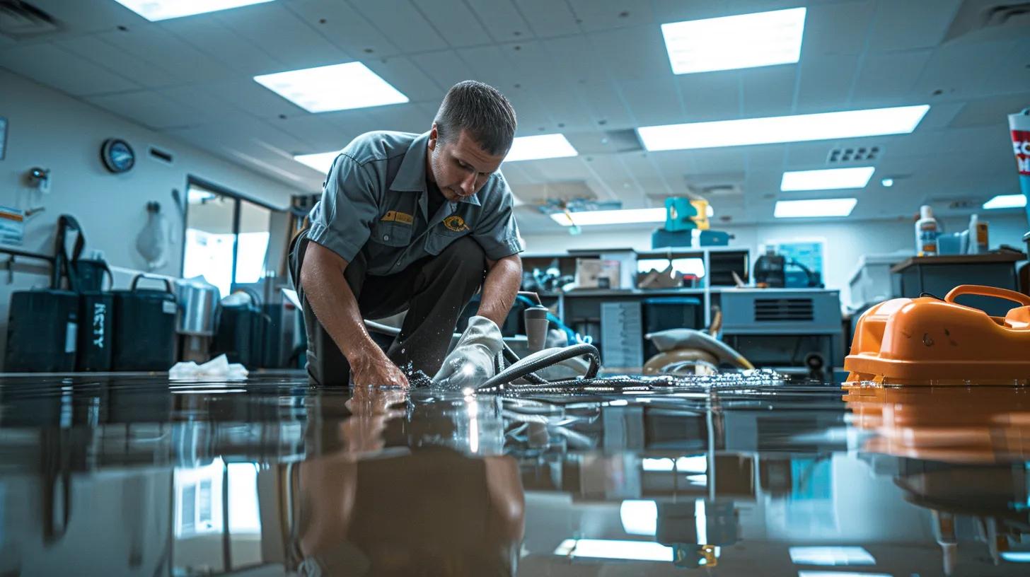 a professional water damage restoration technician, clad in a clean uniform, meticulously inspecting a flooded office space with high-tech equipment, illuminated by bright overhead lights, conveying a sense of urgency and expertise in mesa, az.