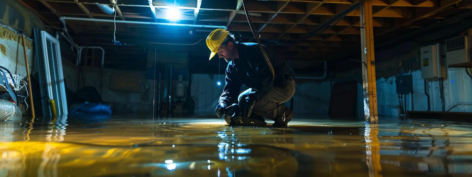 a professional water damage restoration contractor diligently assesses a flooded basement, illuminated by soft overhead lighting that highlights the contrast between the damp areas and the dry restoration equipment, creating a clear focus on the critical task of damage evaluation and mold prevention.
