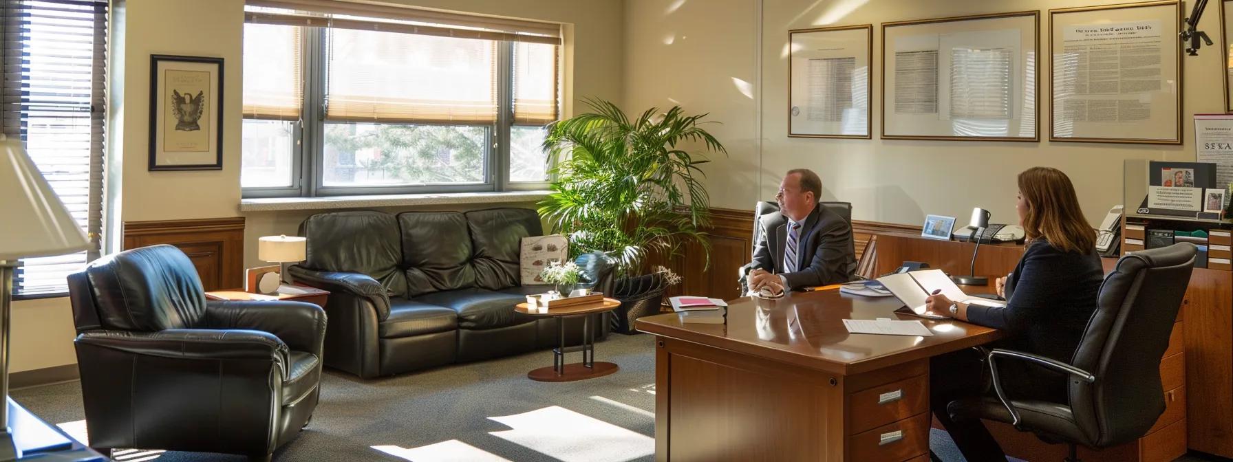 a professional, well-lit office setting depicts a notary public meeting with a client, surrounded by legal documents and a calming ambiance, highlighting the importance of preparation and clarity for the appointment. a professional, well-lit office setting depicts a notary public meeting with a client, surrounded by legal documents and a calming ambiance, highlighting the importance of preparation and clarity for the appointment.