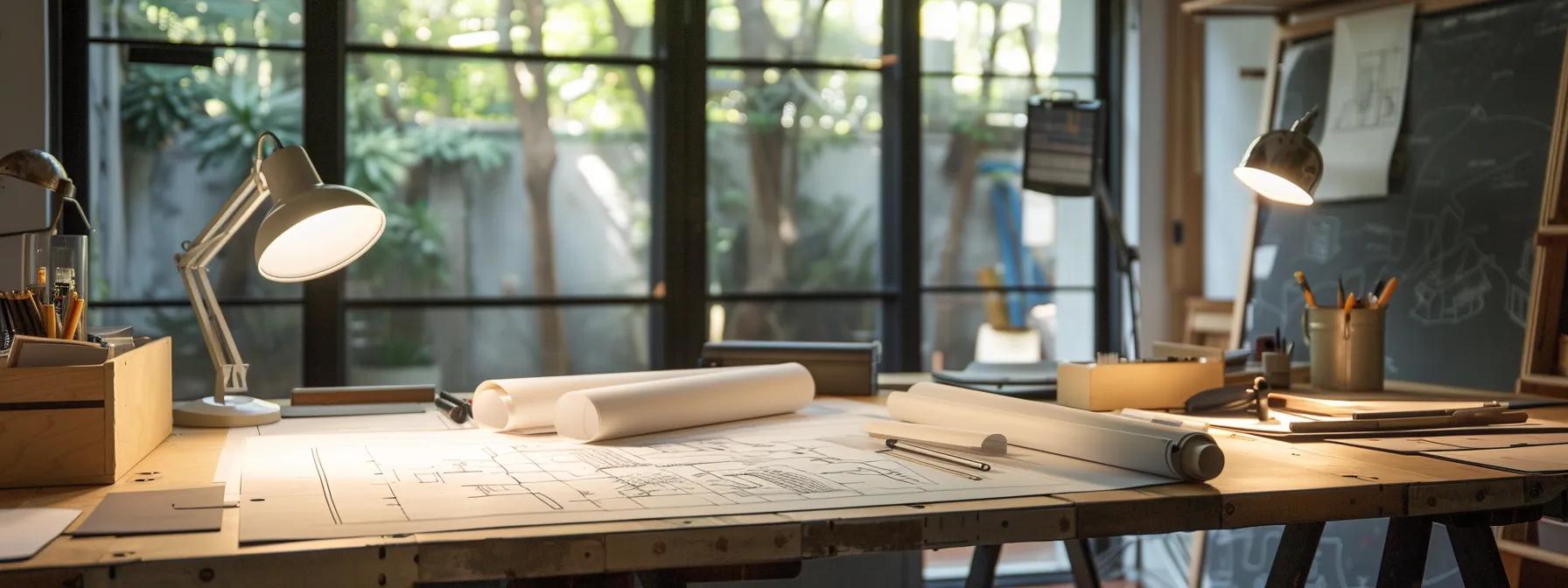a professional workspace designed for an architect, showcasing a sleek drafting table filled with blueprints and design materials, illuminated by focused task lighting against a backdrop of minimalist decor and structural models, encapsulating the essence of readiness for independent architectural work.