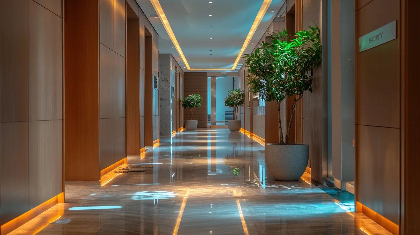 a professionally cleaned, immaculate hallway in a modern urban home showcases pristine walls and gleaming floors, emphasizing the transformative effect of a free cleaning promotion that enhances both aesthetics and indoor air quality.