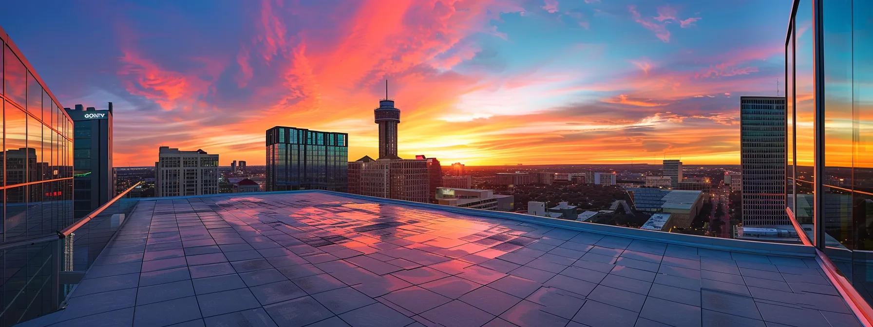 a professionally designed urban rooftop featuring a sleek, modern roofing system, showcasing the durability and quality of comprehensive commercial roofing services against the backdrop of san antonio's skyline under a vibrant sunset. a professionally designed urban rooftop featuring a sleek, modern roofing system, showcasing the durability and quality of comprehensive commercial roofing services against the backdrop of san antonio's skyline under a vibrant sunset.