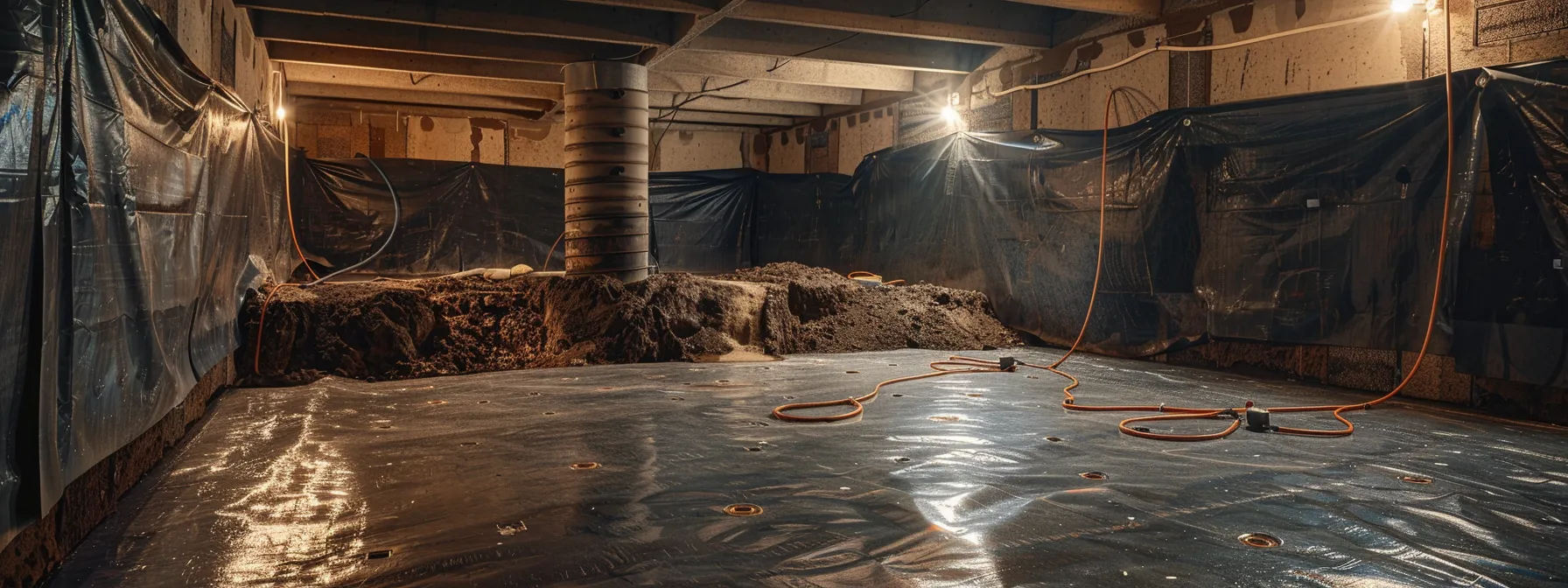 a professionally lit residential basement showcases contractors applying waterproofing membranes and installing a french drain, highlighting the meticulous process of ensuring a dry and secure home environment. a professionally lit residential basement showcases contractors applying waterproofing membranes and installing a french drain, highlighting the meticulous process of ensuring a dry and secure home environment.