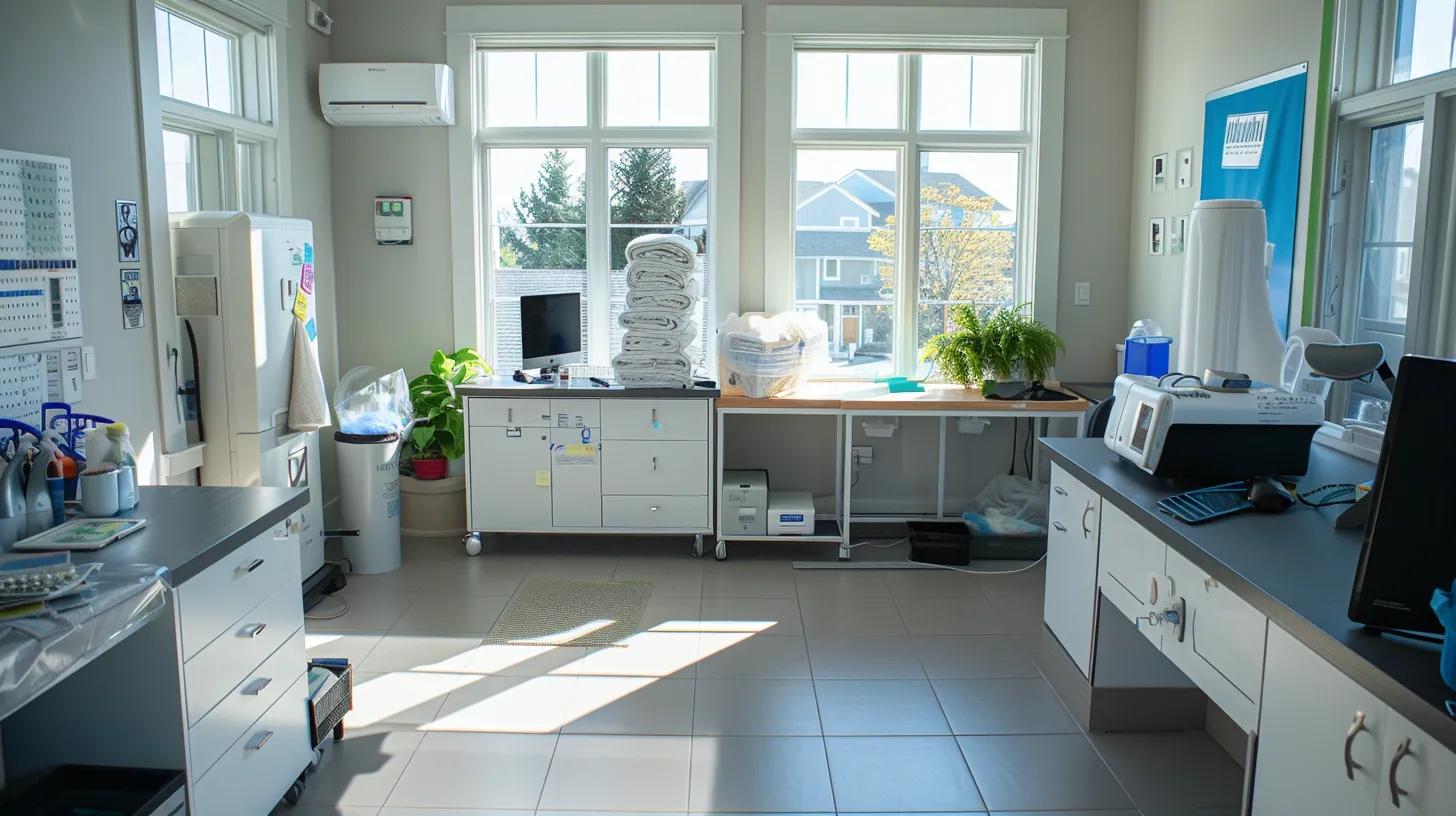 a professionally organized and brightly lit modern office space showcases a seamless coordination of spring cleaning services, with pristine surfaces, sparkling windows, and specialized cleaning equipment ready for a comprehensive home revival.