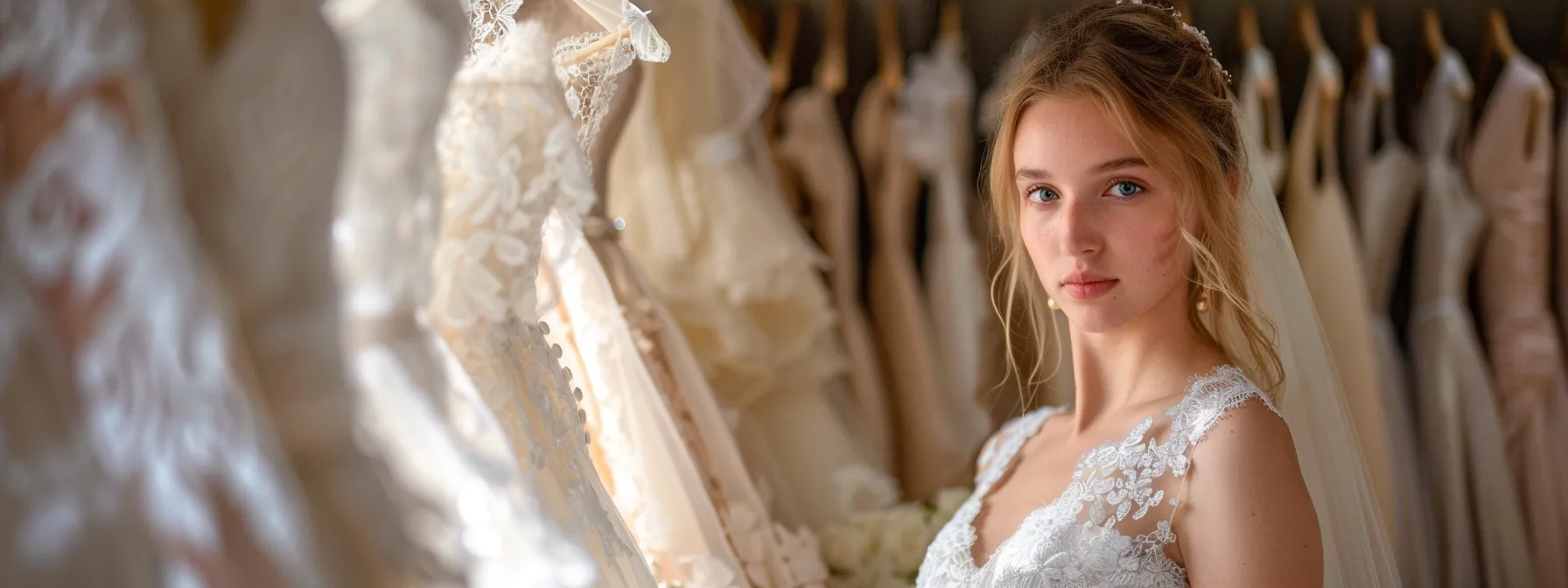 a radiant bride gazes at her elegantly tailored wedding dress in a softly lit bridal shop, surrounded by shimmering fabric swatches and delicate lace, embodying the essence of personalized craftsmanship and anticipation for her special day. a radiant bride gazes at her elegantly tailored wedding dress in a softly lit bridal shop, surrounded by shimmering fabric swatches and delicate lace, embodying the essence of personalized craftsmanship and anticipation for her special day.