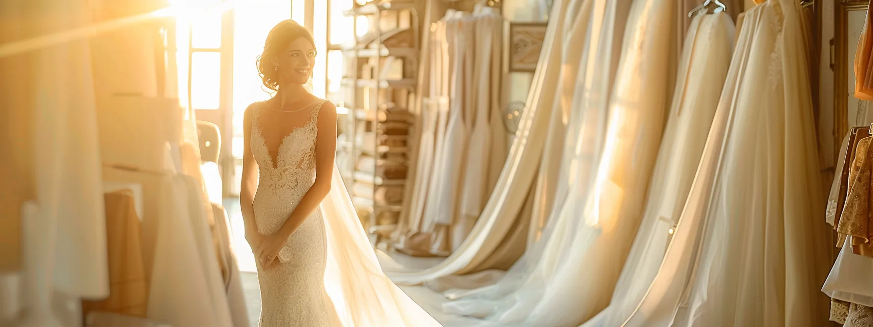 a radiant bride in a stunning wedding gown stands gracefully in a sunlit bridal boutique, surrounded by elegant fabric swatches and meticulous sketches, embodying the essence of tailored beauty and comfort in her wedding ensemble. a radiant bride in a stunning wedding gown stands gracefully in a sunlit bridal boutique, surrounded by elegant fabric swatches and meticulous sketches, embodying the essence of tailored beauty and comfort in her wedding ensemble.