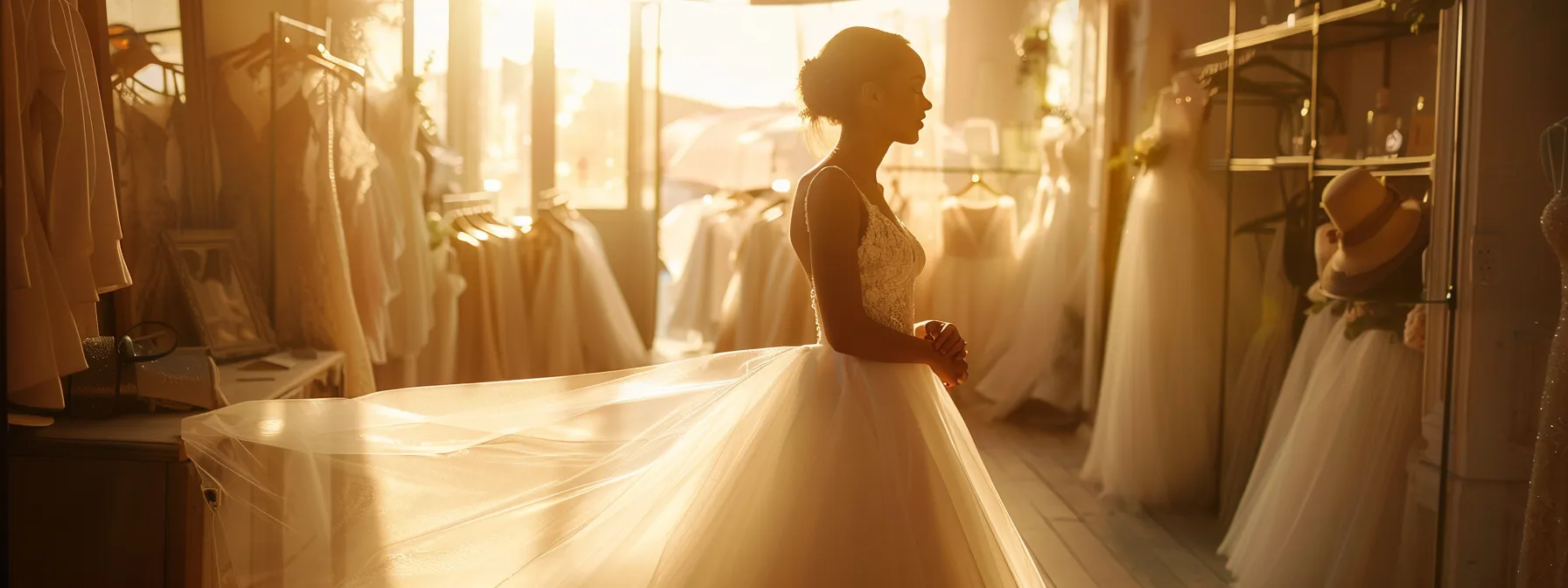 a radiant bride stands confidently in a sunlit bridal boutique, adorned in her wedding dress, as an experienced alteration expert thoughtfully examines the fabric, surrounded by elegant bridal accessories and soft, inviting lighting. a radiant bride stands confidently in a sunlit bridal boutique, adorned in her wedding dress, as an experienced alteration expert thoughtfully examines the fabric, surrounded by elegant bridal accessories and soft, inviting lighting.