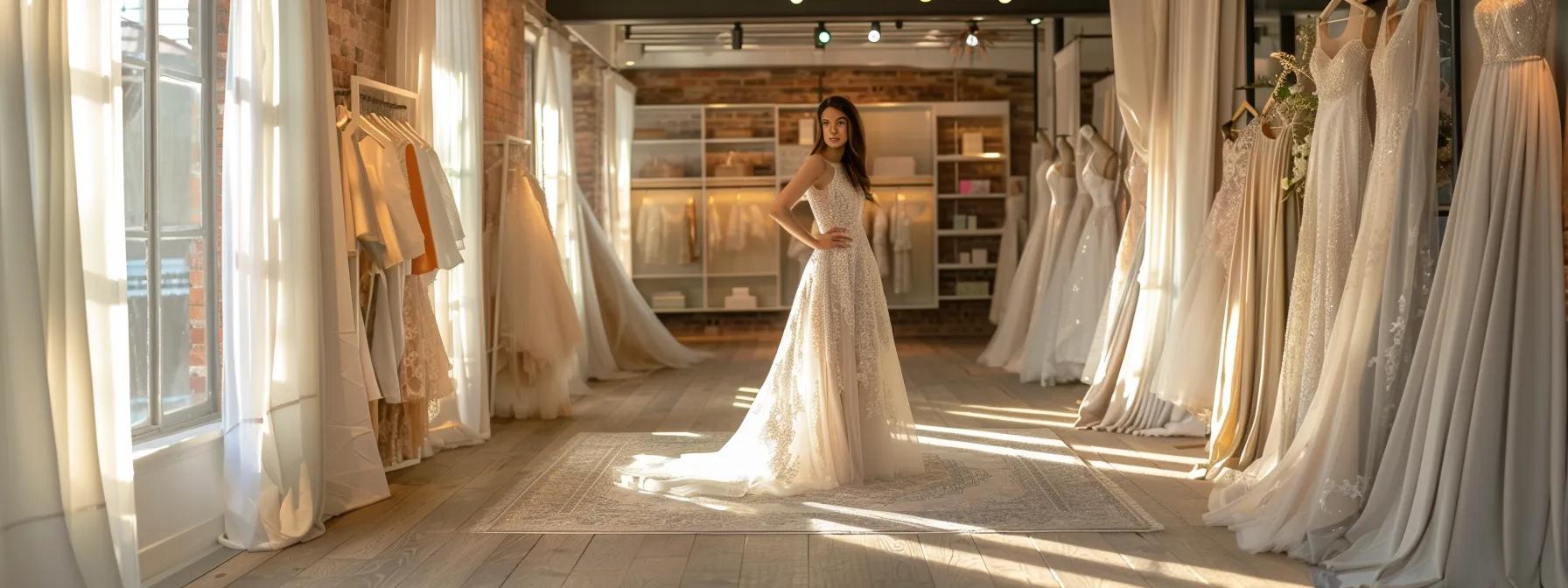 a radiant debutante, dressed in an exquisite designer gown from divine bridal hire, stands confidently in a modern, elegant boutique, surrounded by shimmering fabric swatches and softly lit displays, embodying the joy and empowerment reflected in glowing client testimonials. a radiant debutante, dressed in an exquisite designer gown from divine bridal hire, stands confidently in a modern, elegant boutique, surrounded by shimmering fabric swatches and softly lit displays, embodying the joy and empowerment reflected in glowing client testimonials.