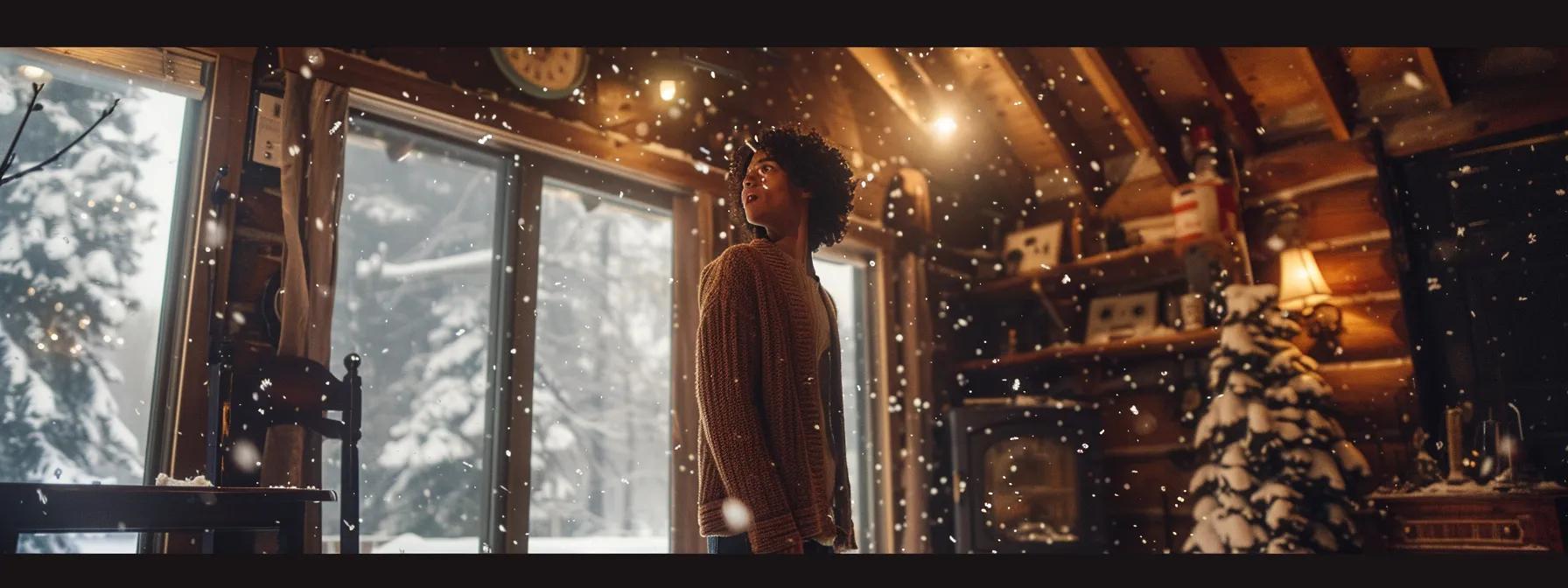a radiant singer stands in a cozy winter cabin, enveloped in warm light, as they passionately engage in vocal warm-up exercises surrounded by soft snowflakes drifting outside. a radiant singer stands in a cozy winter cabin, enveloped in warm light, as they passionately engage in vocal warm-up exercises surrounded by soft snowflakes drifting outside.