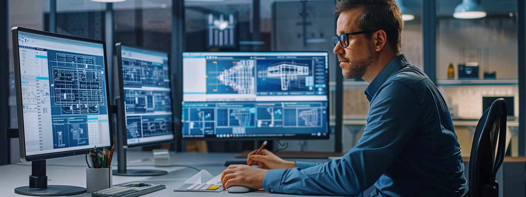 a realistic and candid shot of a designer engrossed in analyzing multiple cad software interfaces on a large screen, surrounded by architectural blueprints and design tools, highlighting the critical factors of usability, integration, and support in a modern workspace.