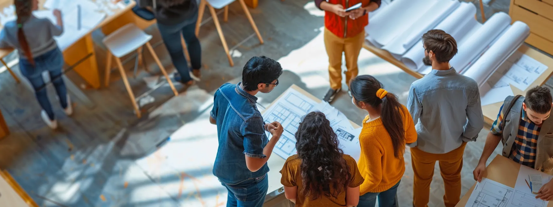 a realistic, candid capture of a diverse group of architecture students engaged in a collaborative discussion amidst a backdrop of blueprints and design models, symbolizing support and resourcefulness in their educational journey.
