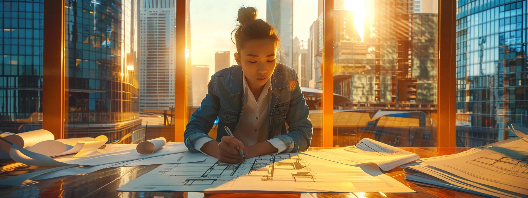 a realistic, candid photograph captures a young architect immersed in designing a modern skyline, surrounded by blueprints and innovative models against the backdrop of a bustling urban environment bathed in warm, golden light.