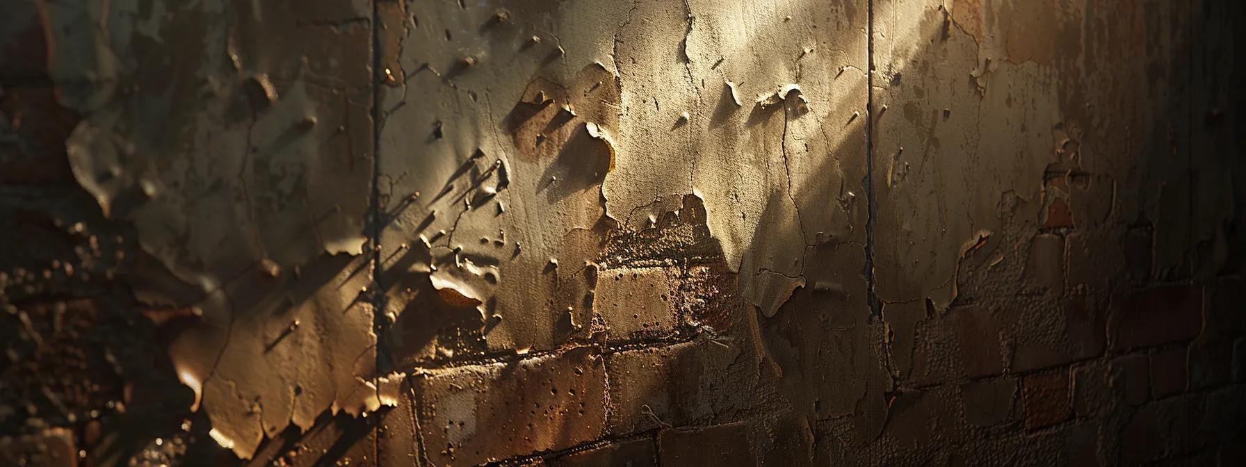 a realistic interior scene captures a close-up view of a water-damaged wall, showcasing visible stains and peeling paint, with illumination highlighting the texture and depth of the damage, creating a stark reminder of the risks associated with moisture and mold growth. a realistic interior scene captures a close-up view of a water-damaged wall, showcasing visible stains and peeling paint, with illumination highlighting the texture and depth of the damage, creating a stark reminder of the risks associated with moisture and mold growth.
