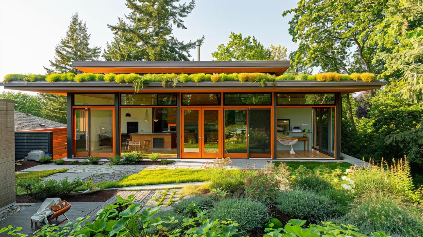 a resilient eco-friendly home with a vibrant green roof thrives under natural sunlight, showcasing the harmony between sustainable construction and enduring beauty. a resilient eco-friendly home with a vibrant green roof thrives under natural sunlight, showcasing the harmony between sustainable construction and enduring beauty.