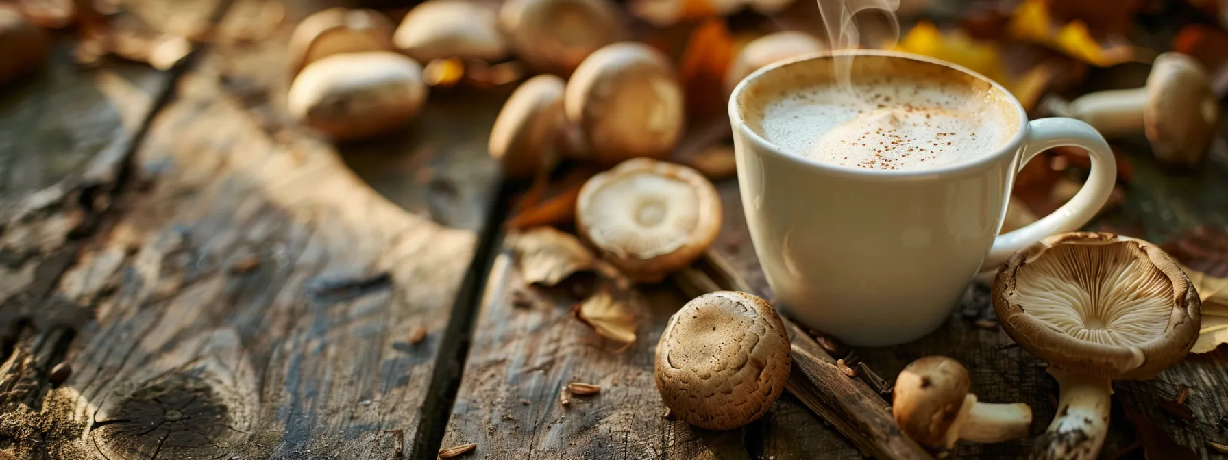 a rich cup of steaming mushroom coffee sits elegantly on a rustic wooden table, surrounded by vibrant, fresh mushrooms, with warm, natural light illuminating the unique blend of earthy tones and inviting aromas.