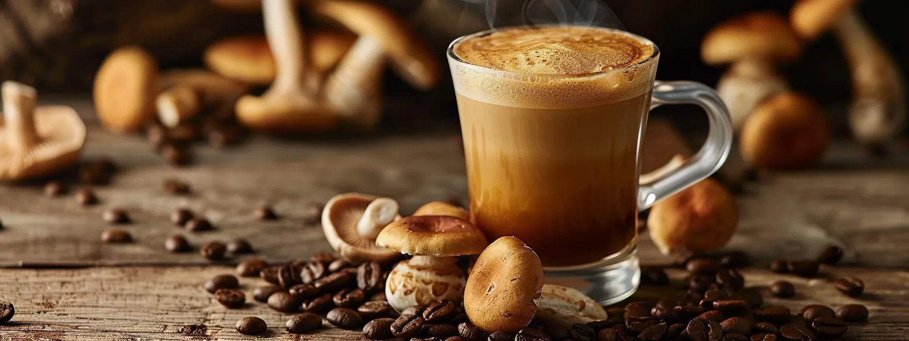 a rich, steaming cup of nespresso mushroom coffee sits elegantly on a rustic wooden table, surrounded by vibrant mushrooms and aromatic coffee beans, illuminated by warm, soft light that highlights the drink's creamy texture and inviting earthy colors.