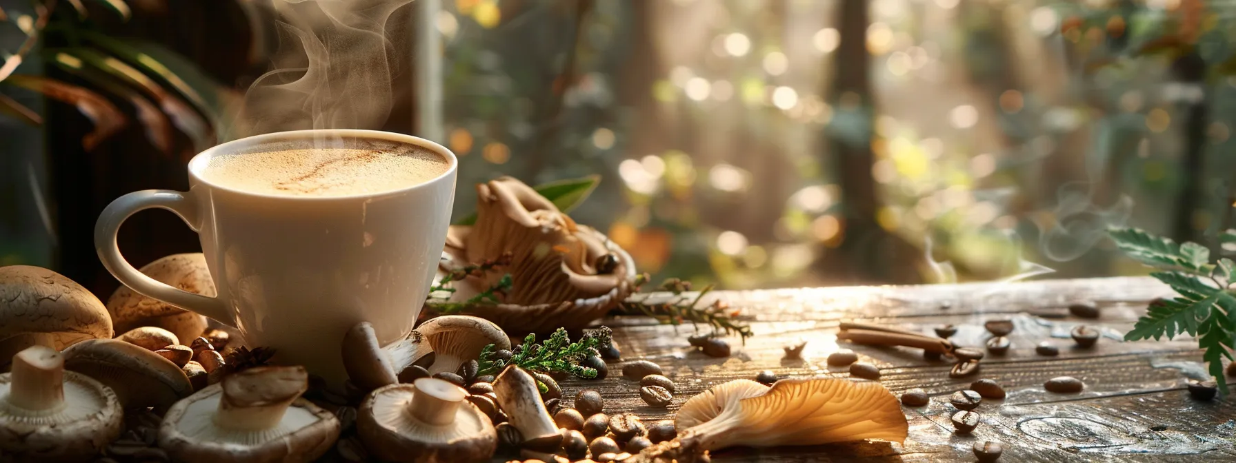 a rich, steaming cup of mushroom coffee, surrounded by fresh, earthy mushrooms and vibrant adaptogenic herbs, emanates an aura of natural vitality and focus in a softly lit, rustic setting.