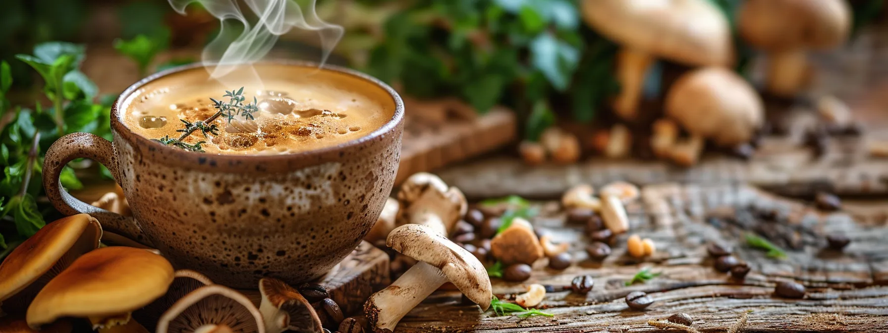 a rich, steaming cup of mushroom coffee is beautifully presented on a rustic wooden table, surrounded by fresh mushrooms and vibrant herbs, illuminated by soft, warm morning light that highlights the earthy textures and inviting steam rising from the cup.