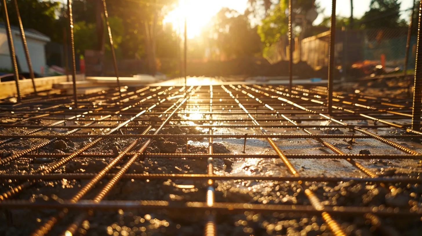 a robust cement foundation being laid, surrounded by steel reinforcement bars and efficient drainage systems, bathed in warm sunlight highlighting the essential strength and stability crucial for a custom home. a robust cement foundation being laid, surrounded by steel reinforcement bars and efficient drainage systems, bathed in warm sunlight highlighting the essential strength and stability crucial for a custom home.