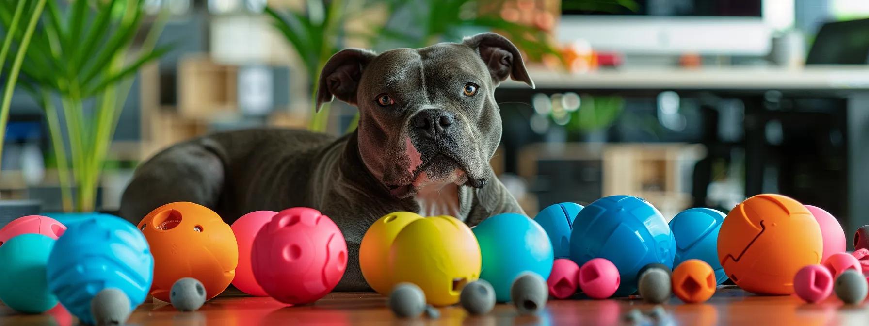 a robust, colorful assortment of durable fetch toys designed for heavy chewers is prominently displayed on a modern, sleek office desk, with a focused dog eagerly eyeing the toys, embodying the energy and determination of playful yet powerful canines. a robust, colorful assortment of durable fetch toys designed for heavy chewers is prominently displayed on a modern, sleek office desk, with a focused dog eagerly eyeing the toys, embodying the energy and determination of playful yet powerful canines.