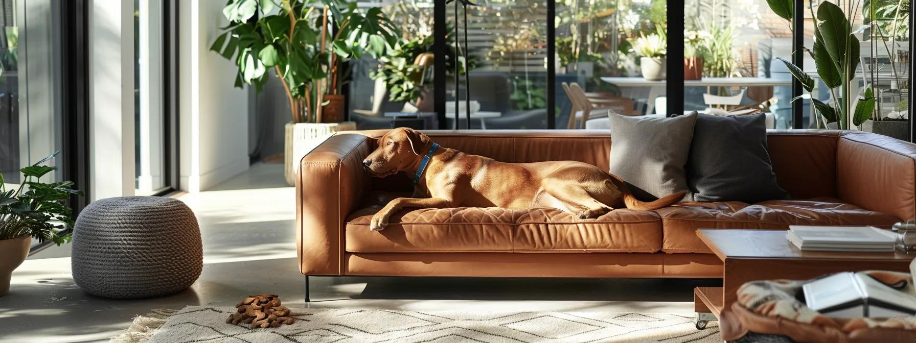 a robust dog eagerly gnaws on a premium rawhide chew in a sleek, modern living room, showcasing its engagement and satisfaction while surrounded by stylish furnishings that emphasize canine comfort and well-being. a robust dog eagerly gnaws on a premium rawhide chew in a sleek, modern living room, showcasing its engagement and satisfaction while surrounded by stylish furnishings that emphasize canine comfort and well-being.