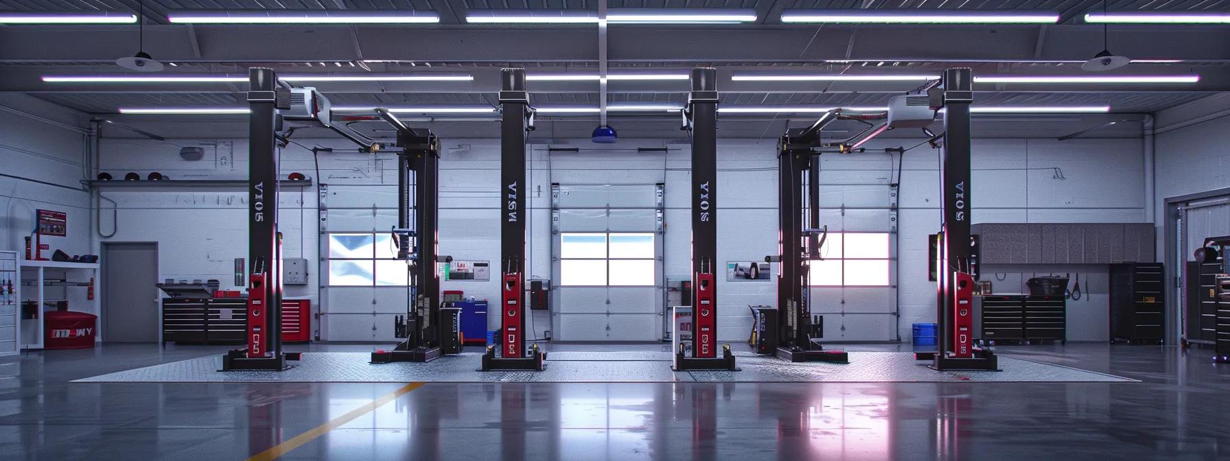 Top Factors to Consider When Buying a Four-Post Car Lift a robust four-post automotive lift dominates a sleek, professional garage, showcasing its advanced safety features like emergency locks and overload sensors, illuminated by bright overhead lighting that highlights the meticulous design and engineering excellence.