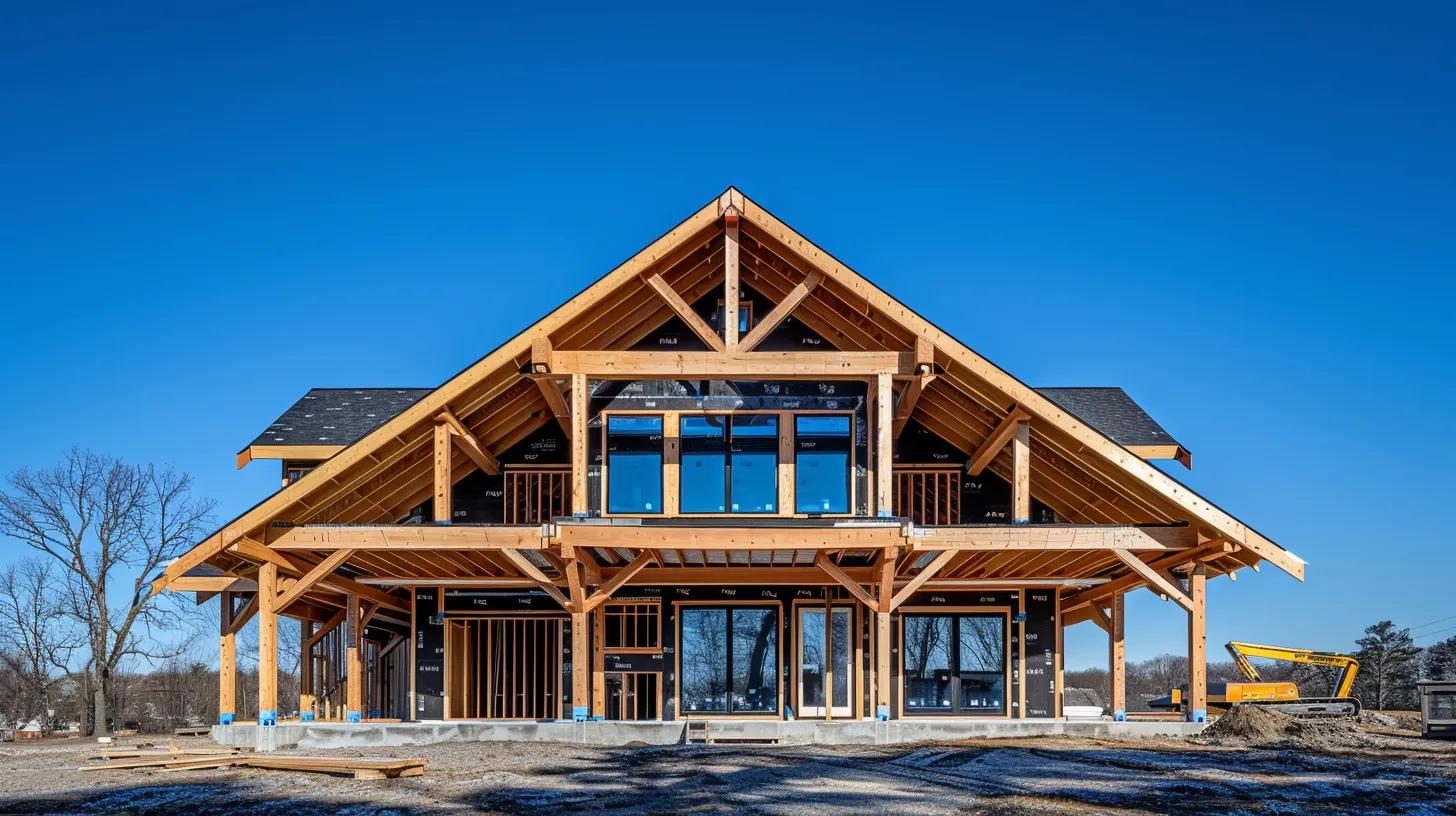 a robust frame of a newly constructed home stands tall against a clear blue sky, showcasing precise lumber beams and open spaces ready for the installation of windows and doors. a robust frame of a newly constructed home stands tall against a clear blue sky, showcasing precise lumber beams and open spaces ready for the installation of windows and doors.