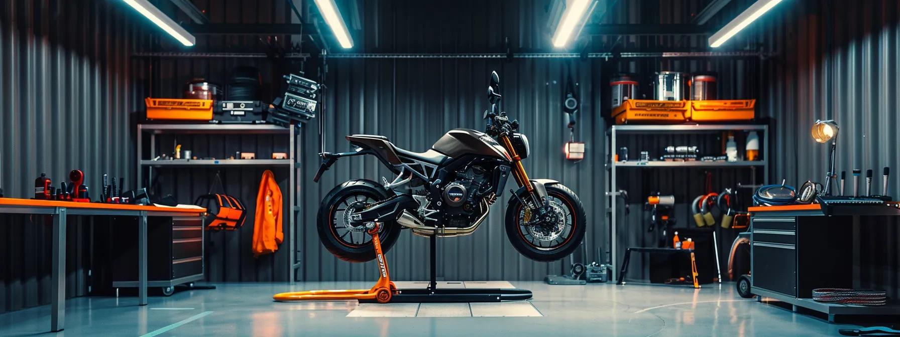 Safe Practices for Motorcycle and ATV Lifts: Expert Guidelines a robust motorcycle lift in a sleek, modern workshop setting, displaying a heavy cruiser securely elevated, showcasing clear indicators of its weight capacity and stability features, illuminated by focused overhead lighting that emphasizes safety and precision.