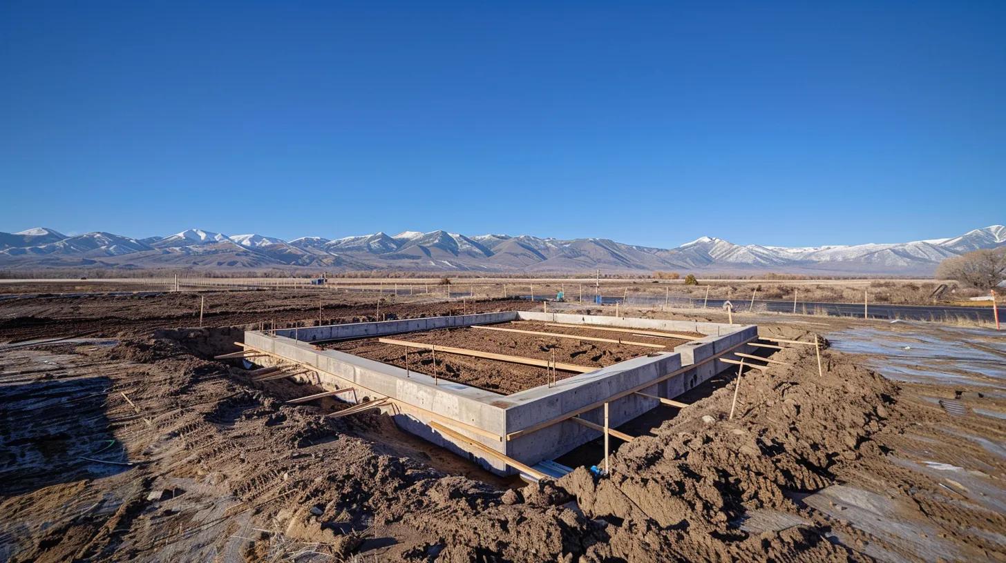 a robust, newly poured concrete foundation supports a partially framed home under a clear blue sky, emphasizing the critical phase of structural construction with clean lines and dynamic perspective. a robust, newly poured concrete foundation supports a partially framed home under a clear blue sky, emphasizing the critical phase of structural construction with clean lines and dynamic perspective.