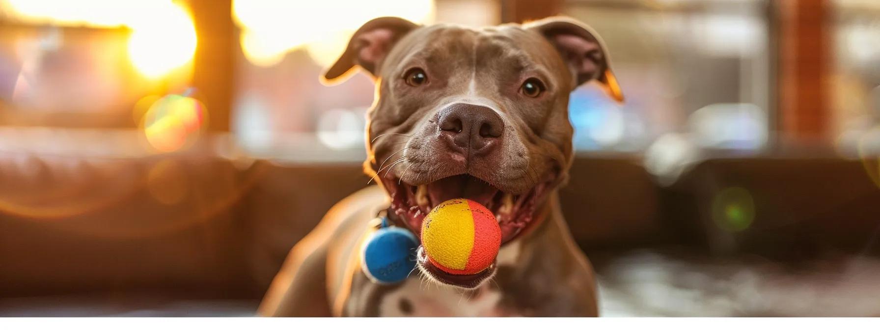 a robust pit bull energetically plays with a durable, brightly colored chew toy in a modern, well-lit dog-friendly indoor space, showcasing the strength and determination of both the breed and the toy. a robust pit bull energetically plays with a durable, brightly colored chew toy in a modern, well-lit dog-friendly indoor space, showcasing the strength and determination of both the breed and the toy.