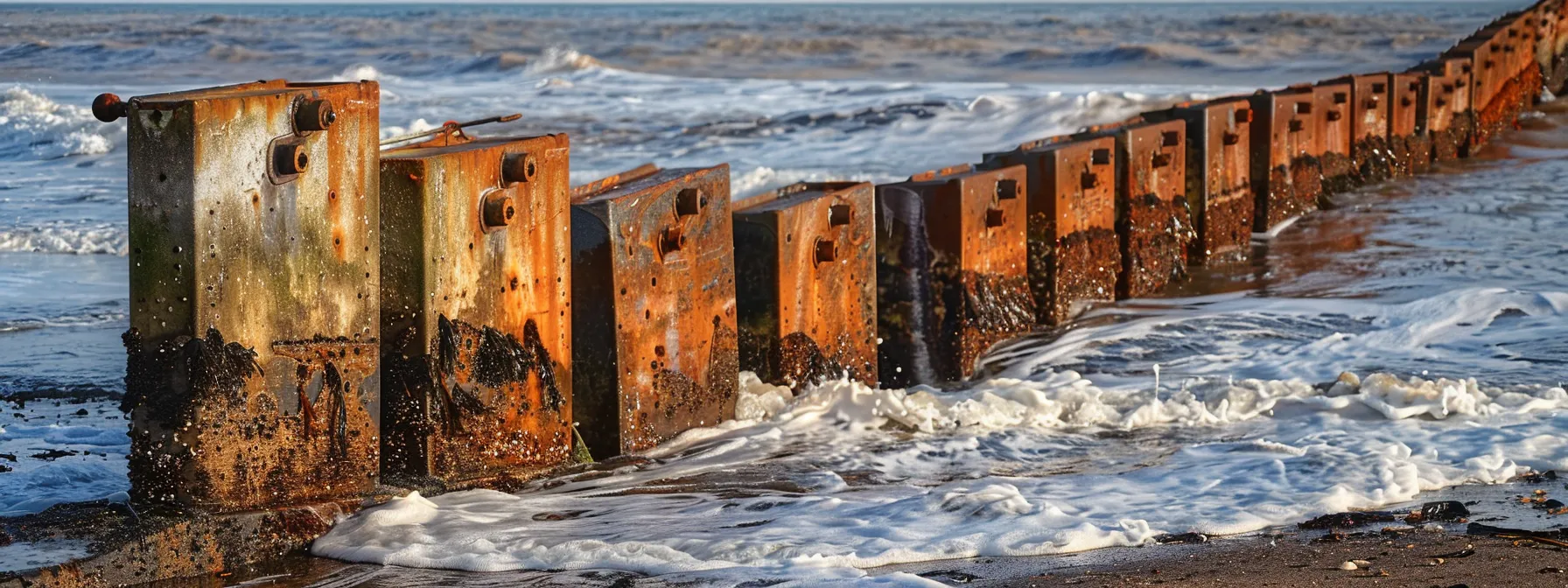 a robust seawall stands resolutely against crashing ocean waves in a dynamic coastal setting, showcasing intricate groynes and breakwaters designed for erosion control and sediment management.