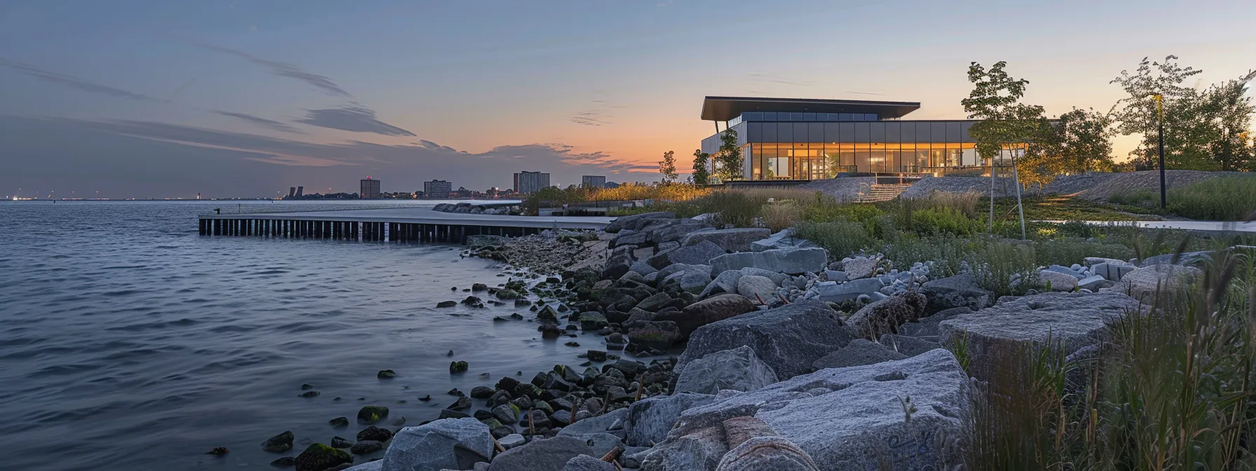 a robust shoreline scene featuring a modern bulkhead and seawall structure, with strategically placed rip-rap for rock stabilization and engineered jetties, all under dramatic evening light that emphasizes the engineering solutions designed to combat wave impact and manage sediment flow.