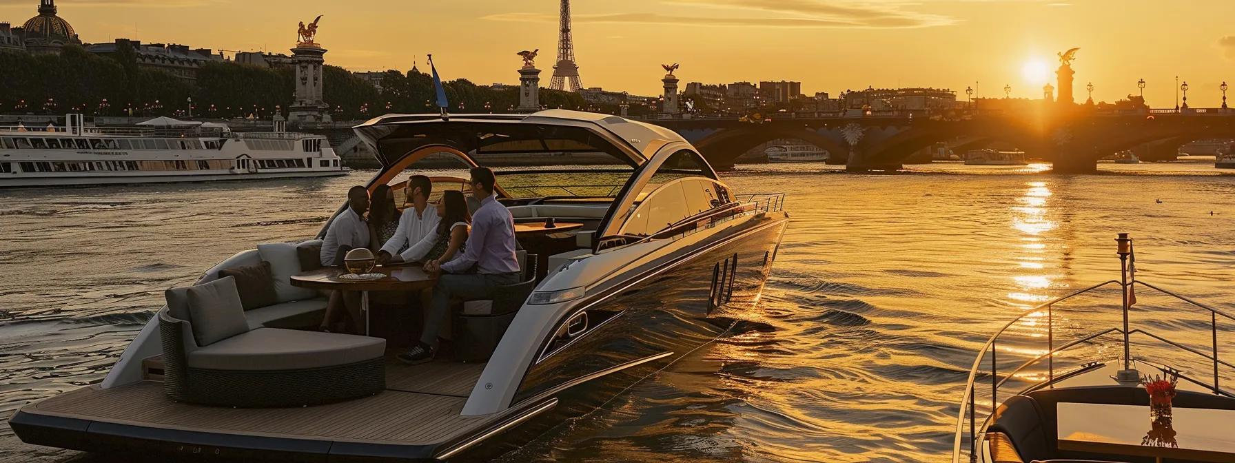 a romantic sunset seine river cruise, showcasing a luxury boat gliding past iconic parisian landmarks, illuminated by soft golden lighting and surrounded by couples enjoying breathtaking views of the city skyline.