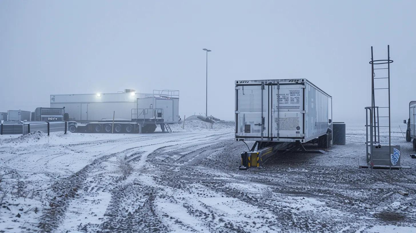 a rugged industrial trailer and a mobile office container are positioned in a snow-dusted gravel lot at a remote job site in northwestern ontario, conveying a stark and utilitarian atmosphere under an overcast sky, symbolizing the assessment of equipment usage for operational efficiency. a rugged industrial trailer and a mobile office container are positioned in a snow-dusted gravel lot at a remote job site in northwestern ontario, conveying a stark and utilitarian atmosphere under an overcast sky, symbolizing the assessment of equipment usage for operational efficiency.