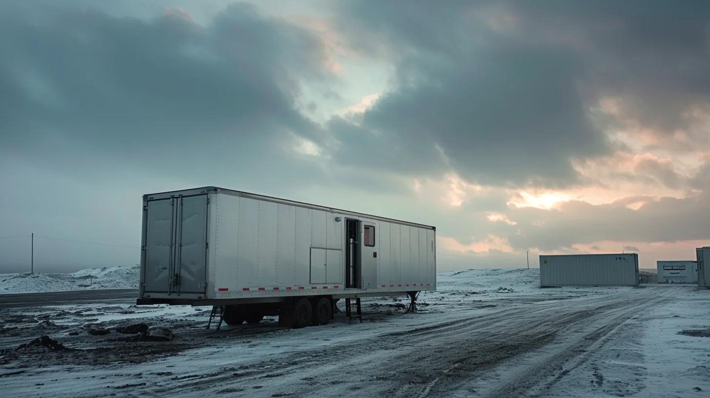 a rugged industrial trailer serves as a mobile office, parked on a snow-dusted gravel lot under a brooding overcast sky, highlighting the practical decision-making process for renting versus buying equipment in a challenging job site environment. a rugged industrial trailer serves as a mobile office, parked on a snow-dusted gravel lot under a brooding overcast sky, highlighting the practical decision-making process for renting versus buying equipment in a challenging job site environment.