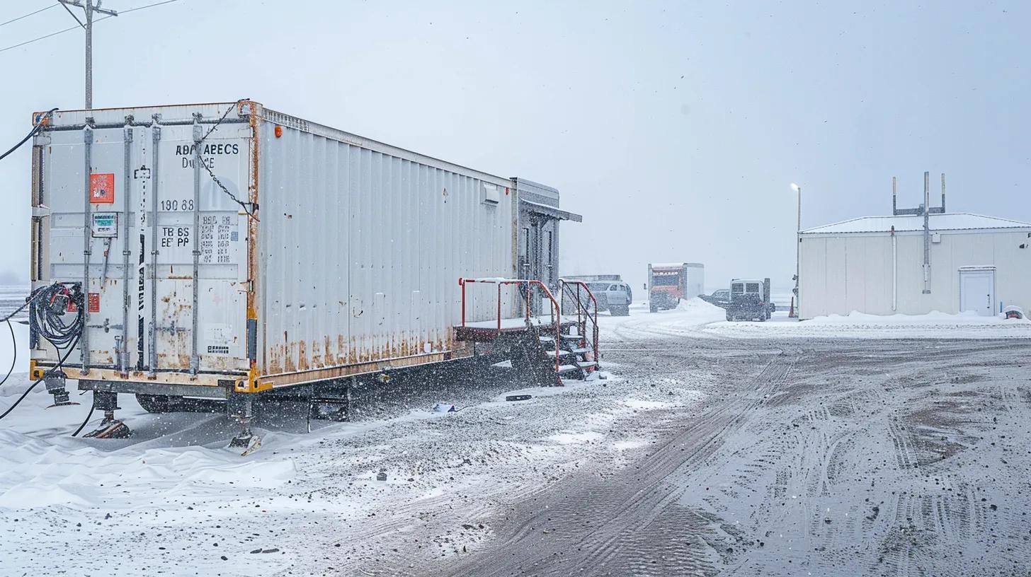 a rugged industrial trailer sits in a snowy gravel lot at a remote job site in northwestern ontario, with a mobile office container nearby against a backdrop of an overcast sky, emphasizing the importance of preventing rust to preserve its structural integrity. a rugged industrial trailer sits in a snowy gravel lot at a remote job site in northwestern ontario, with a mobile office container nearby against a backdrop of an overcast sky, emphasizing the importance of preventing rust to preserve its structural integrity.