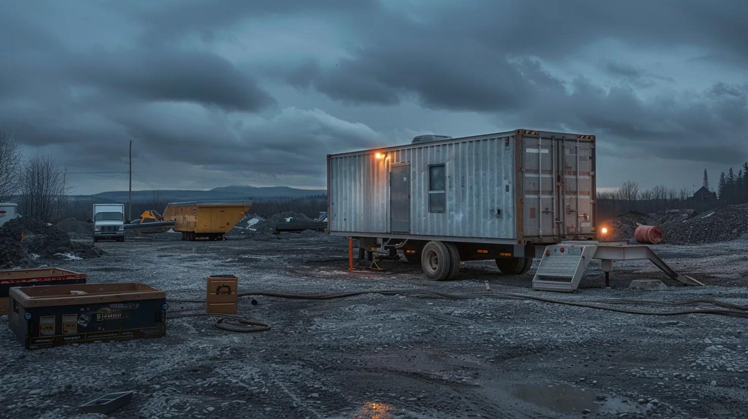 a rugged industrial trailer sits at a remote job site in northwestern ontario, featuring a mobile office container on a gravel lot under an overcast sky, symbolizing the critical decision-making process between renting or buying equipment to align with financial goals. a rugged industrial trailer sits at a remote job site in northwestern ontario, featuring a mobile office container on a gravel lot under an overcast sky, symbolizing the critical decision-making process between renting or buying equipment to align with financial goals.