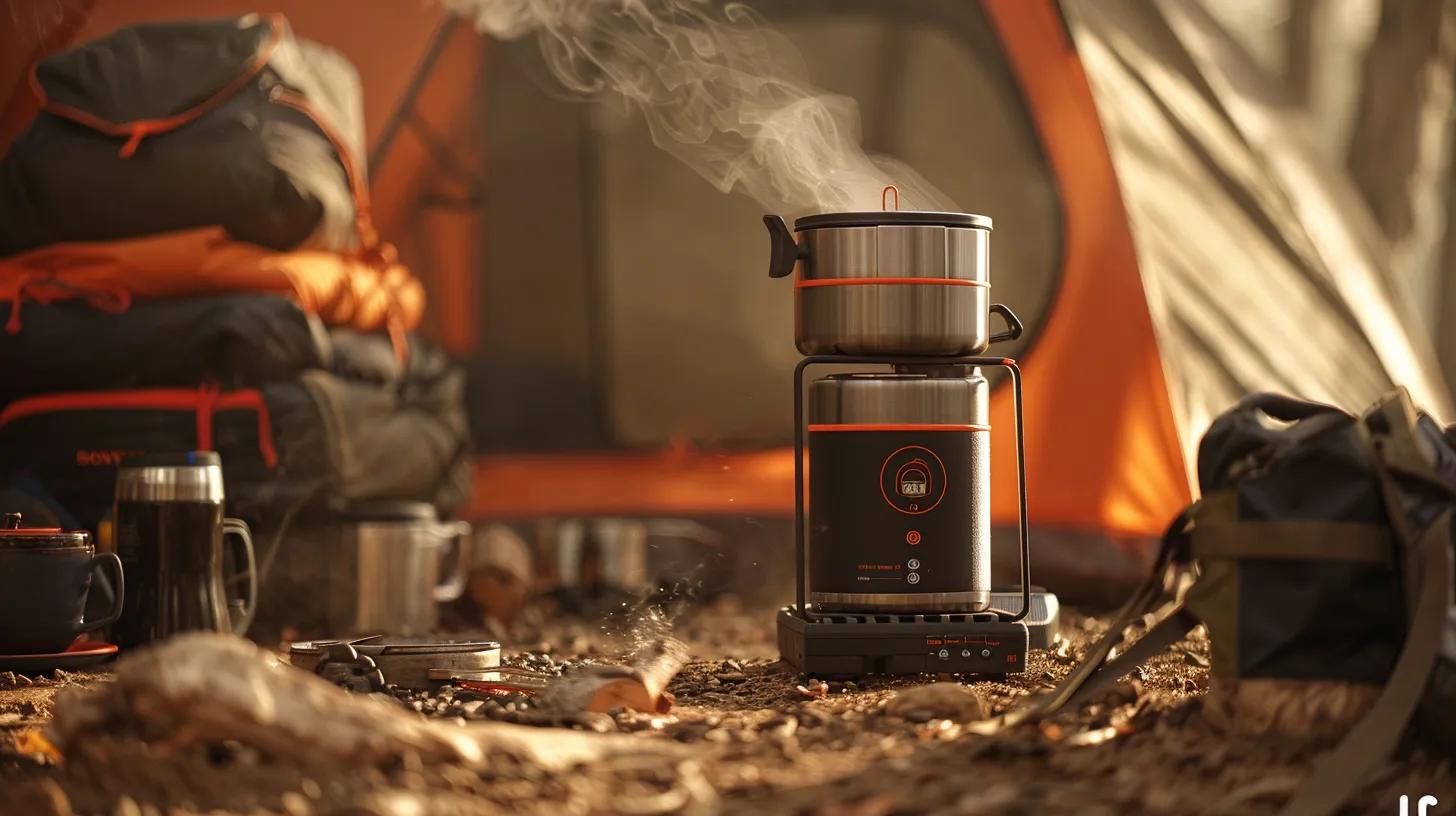 a rugged outdoor setup showcases a portable camping stove heating water beside a steaming insulated travel mug filled with rich, dark instant coffee, highlighting the practicality and efficiency of brewing flavorful cups in the wilderness. a rugged outdoor setup showcases a portable camping stove heating water beside a steaming insulated travel mug filled with rich, dark instant coffee, highlighting the practicality and efficiency of brewing flavorful cups in the wilderness.
