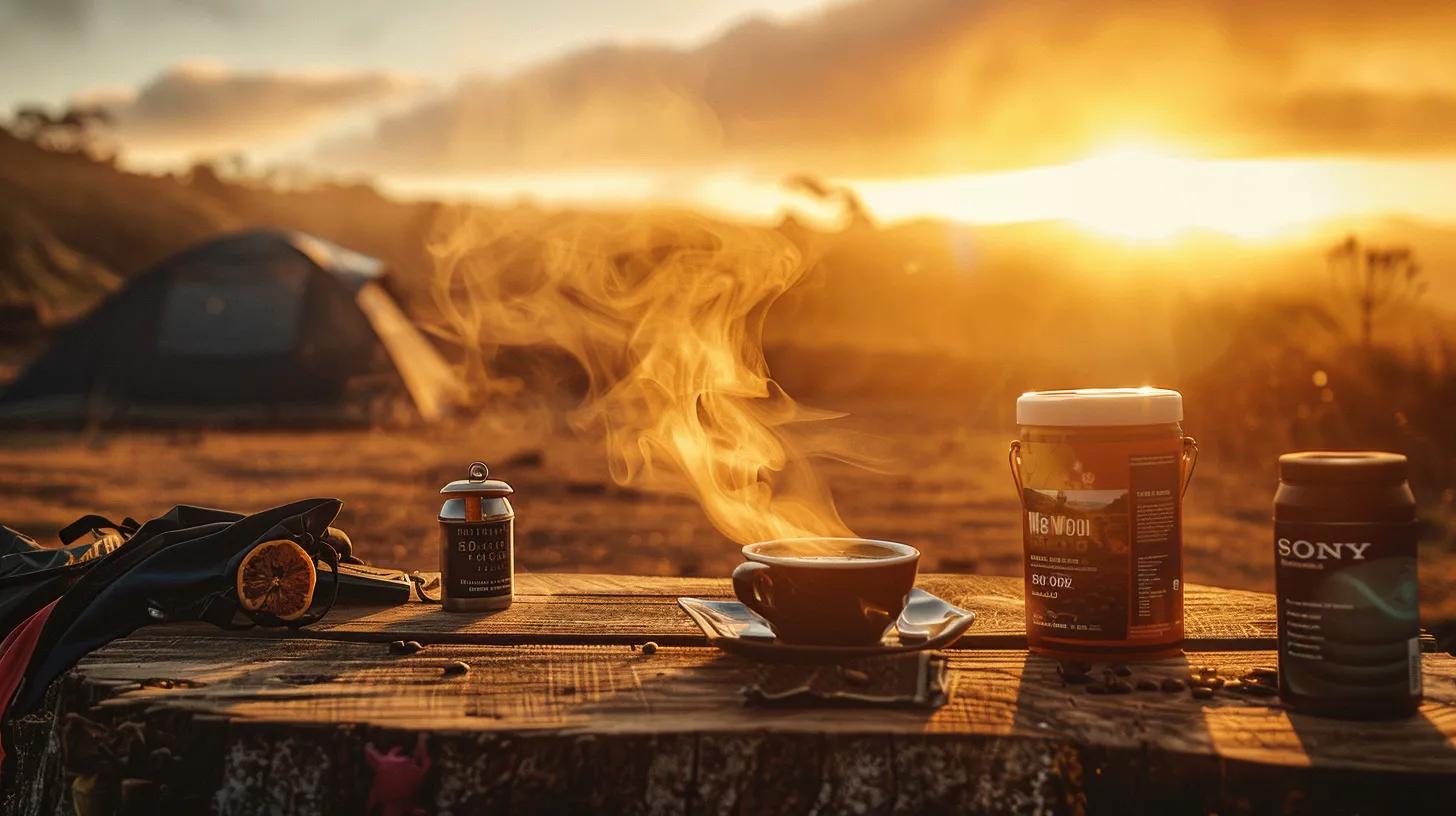 a rustic camping table is set in a rugged outdoor environment, showcasing a steaming cup of papua new guinea wolf instant coffee beside an array of versatile flavor enhancers, all under a vibrant sunset sky that highlights the adventurous spirit of outdoor coffee enjoyment. a rustic camping table is set in a rugged outdoor environment, showcasing a steaming cup of papua new guinea wolf instant coffee beside an array of versatile flavor enhancers, all under a vibrant sunset sky that highlights the adventurous spirit of outdoor coffee enjoyment.