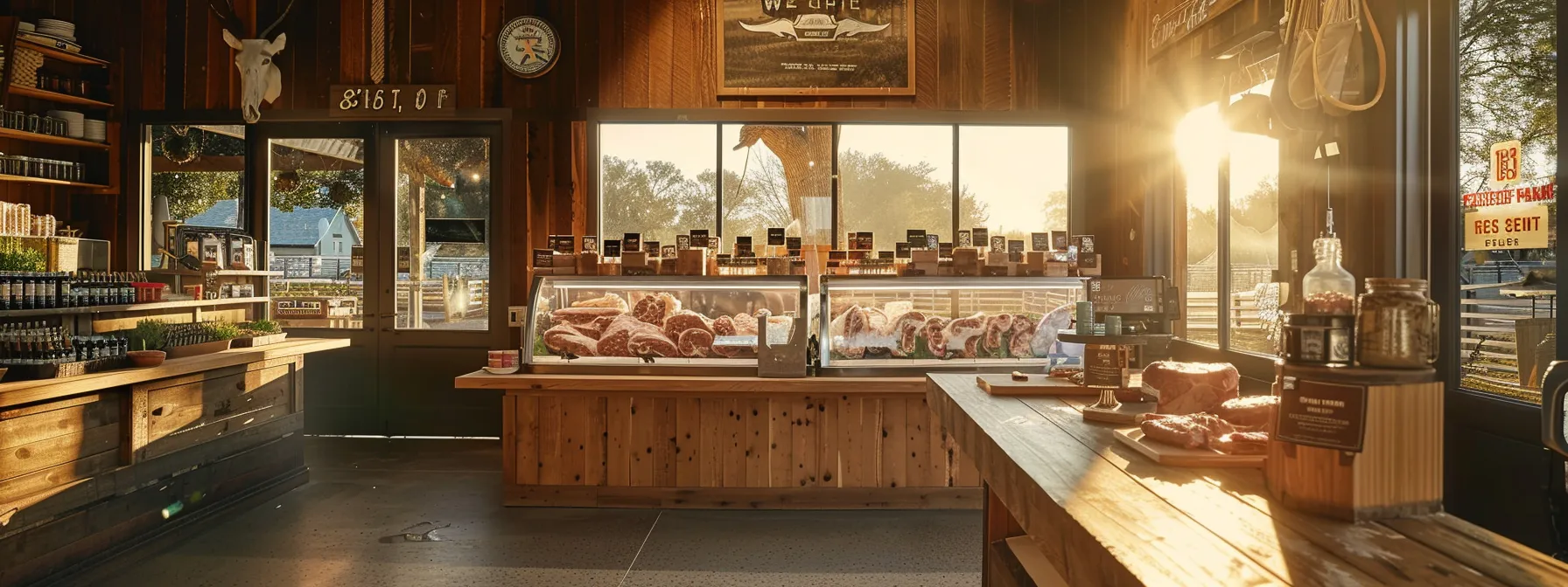 a rustic, sunlit arizona ranch showcases pristine cuts of premium grass-fed beef displayed on a wooden butcher block, surrounded by certifications and artisanal sauce selections to highlight the quality of local beef sourcing.