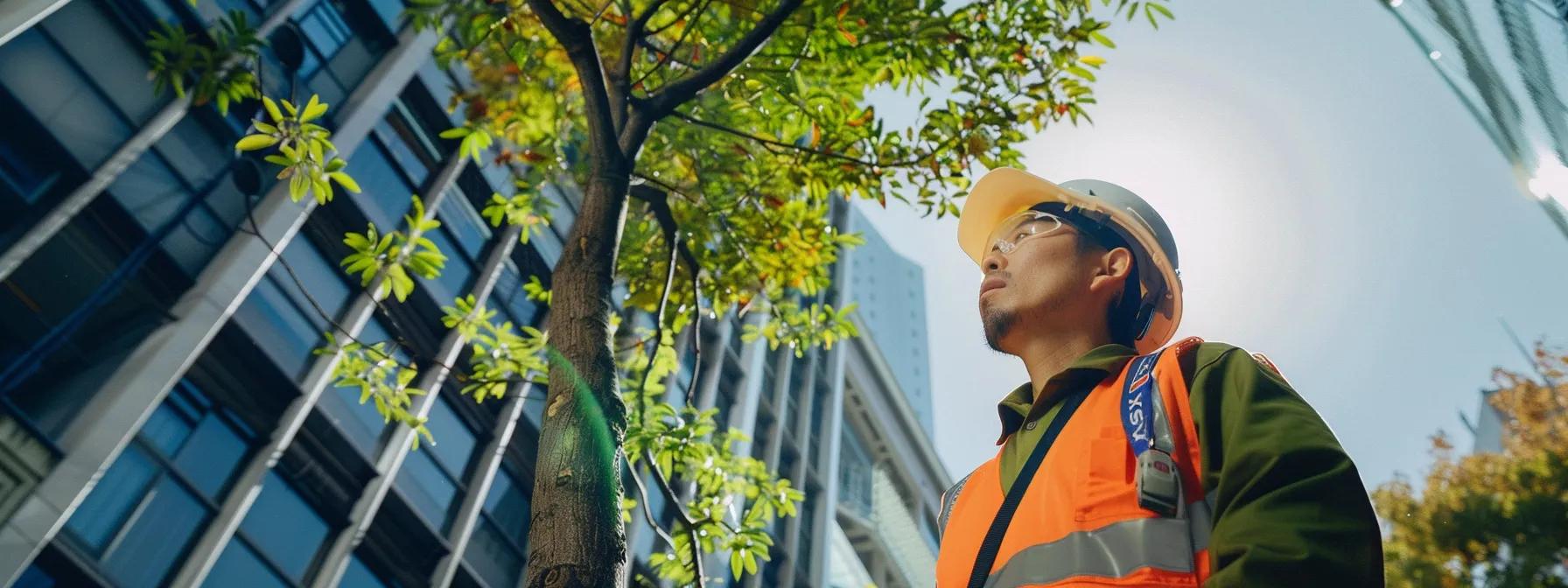 a safety-conscious tree inspector stands in an urban setting, evaluating a precarious tree leaning dangerously close to a nearby office building, with the surrounding environment contrasting the potential hazard.