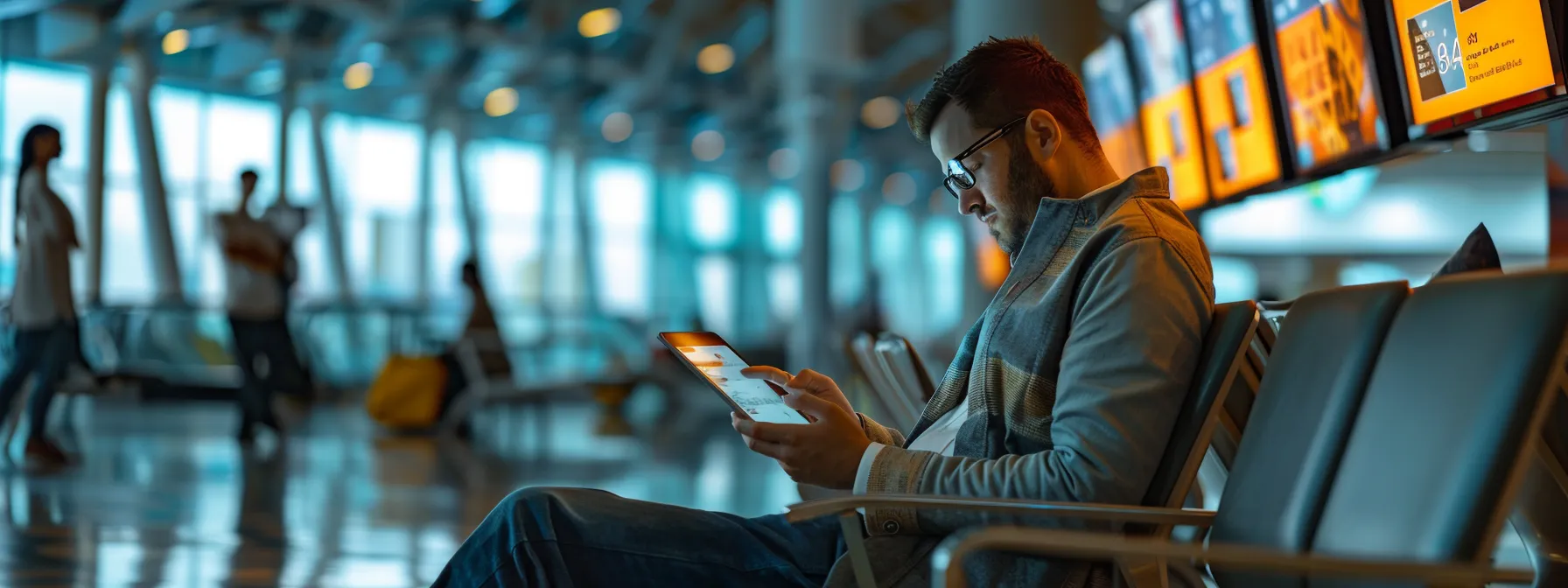 a savvy traveler in a modern airport lounge confidently reviews driver profiles and vehicle ratings on a sleek tablet, surrounded by vibrant travel posters, encapsulating a blend of safety and excitement for their upcoming transfer from punta cana to majestic elegance.