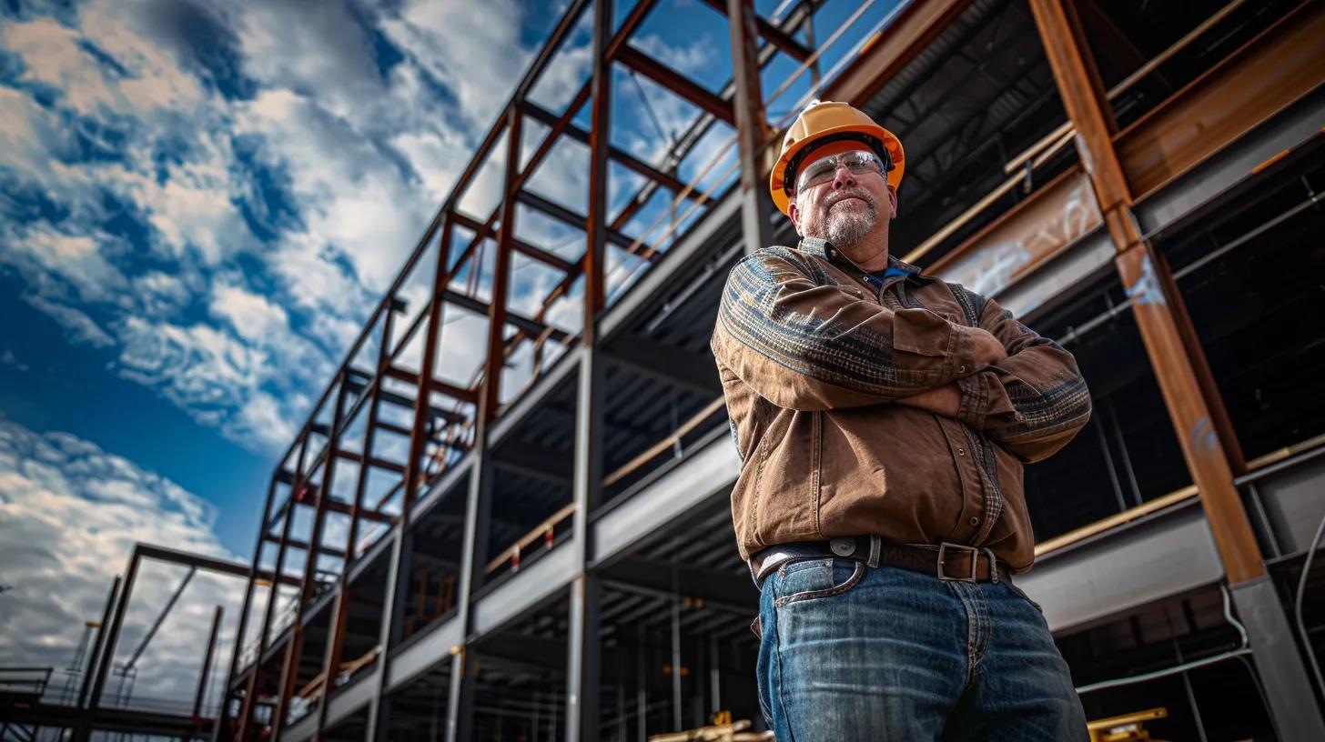 a seasoned commercial contractor stands confidently in front of a bustling construction site in knoxville, tn, framed by towering steel beams and vibrant blue skies, epitomizing professionalism and expertise.