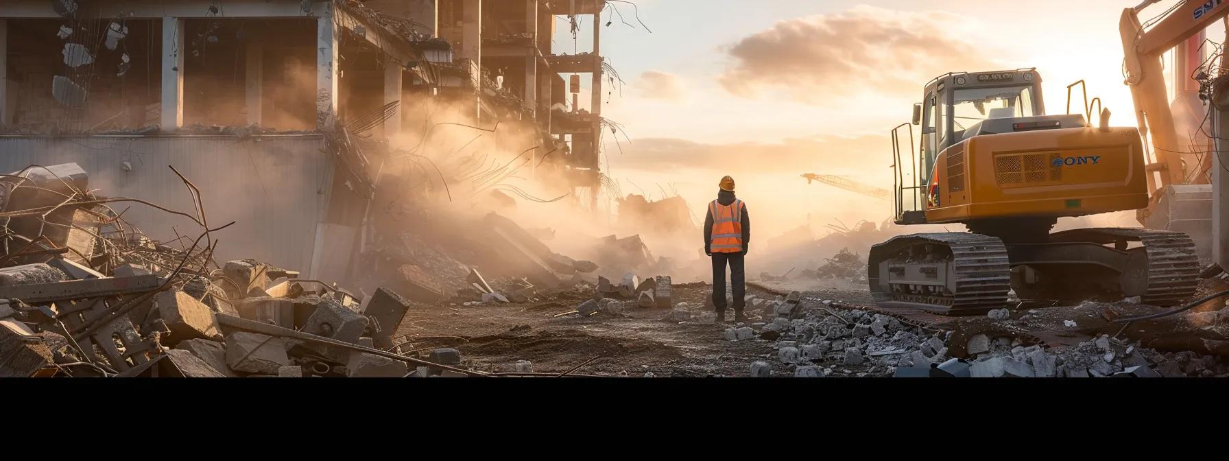 a seasoned demolition contractor overseeing a complex job in a bustling urban setting, surrounded by specialized equipment and waste management practices. a seasoned demolition contractor overseeing a complex job in a bustling urban setting, surrounded by specialized equipment and waste management practices.
