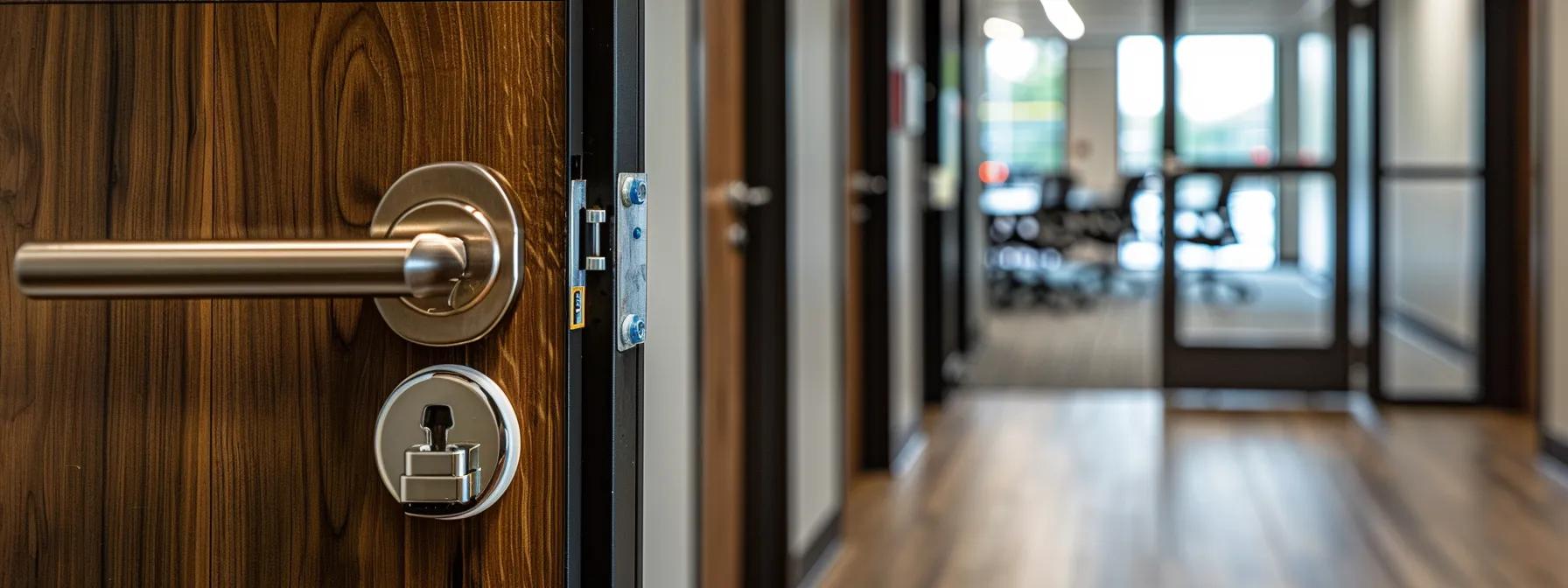 a secure office environment in mississauga, featuring sleek high-security locks prominently displayed on modern wooden doors, conveying the importance of safety and advanced protection amidst an urban backdrop. a secure office environment in mississauga, featuring sleek high-security locks prominently displayed on modern wooden doors, conveying the importance of safety and advanced protection amidst an urban backdrop.