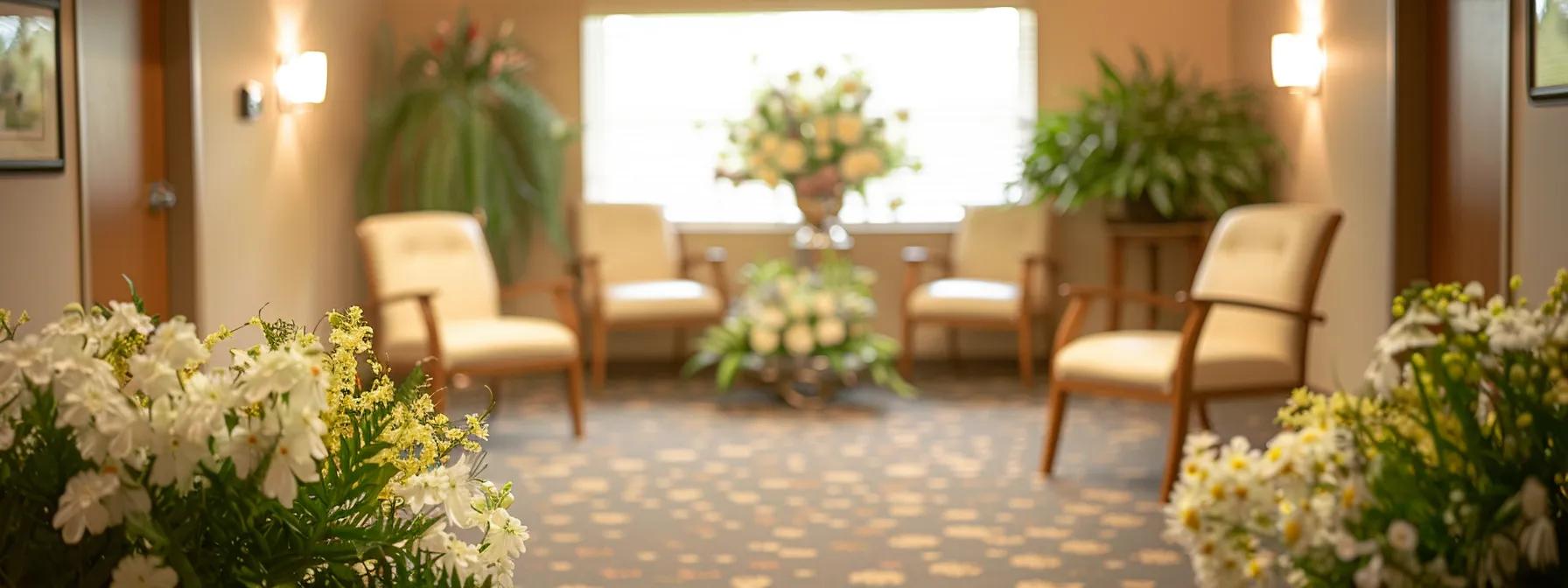 a serene and elegantly arranged memorial service setting in a softly lit gainesville cremation service office, featuring tasteful floral arrangements and calming decor that evoke a sense of peace and remembrance.
