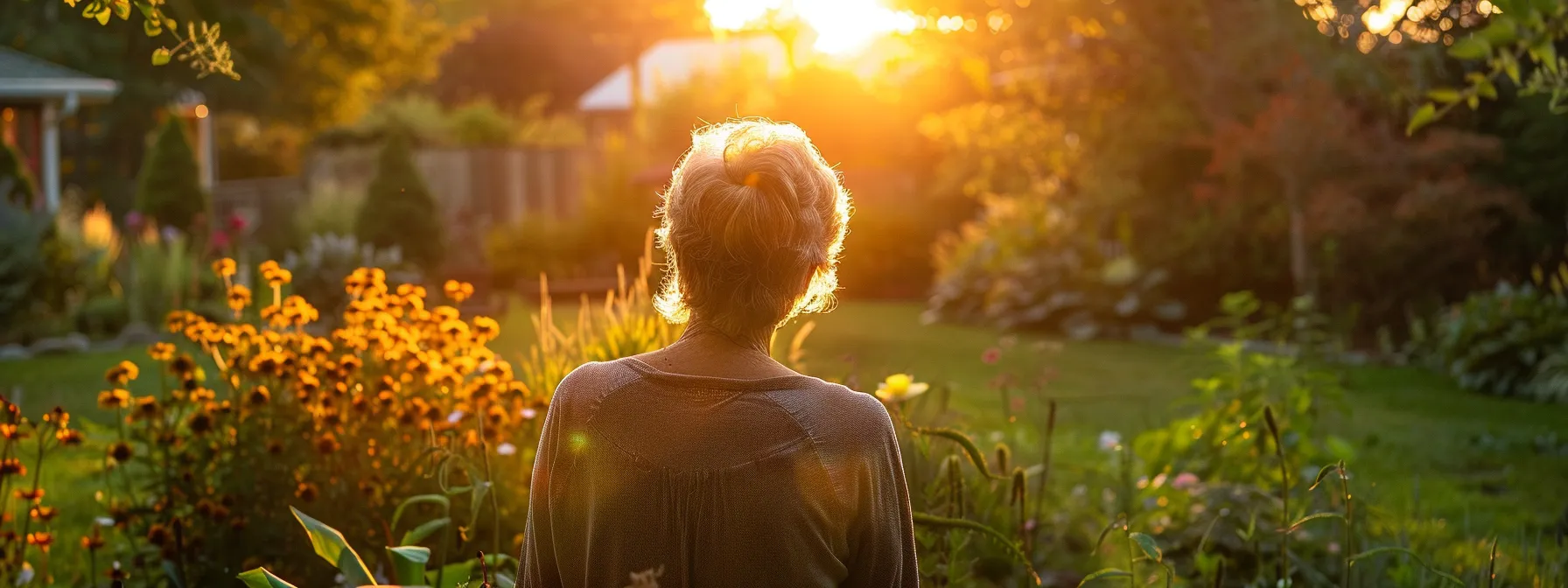 a serene and hopeful scene of a middle-aged woman enjoying a vibrant sunset in a tranquil garden, symbolizing the renewed vitality and promising future of hormone replacement therapy for women's health.