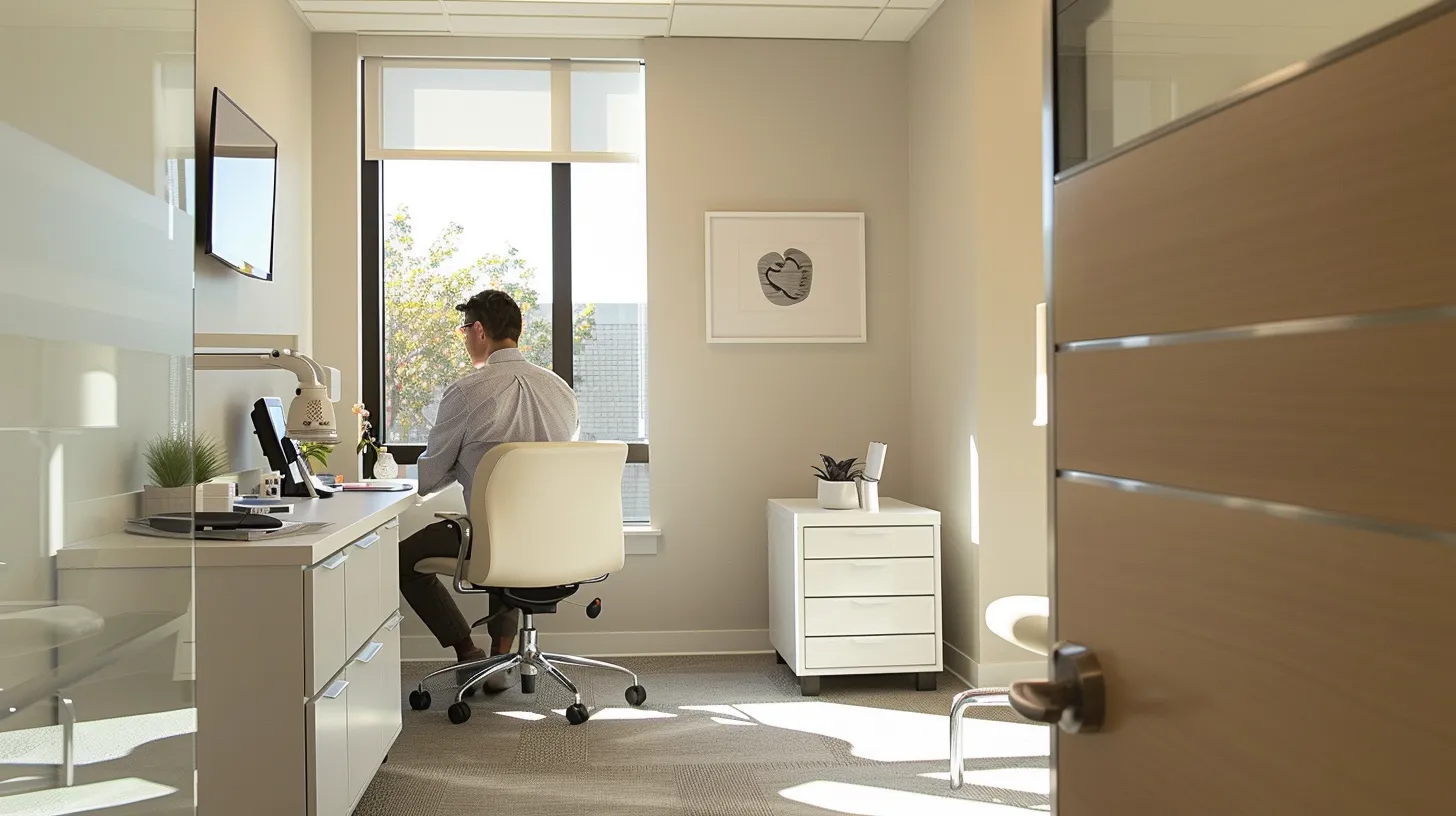 a serene and intimate consultation room bathed in soft natural light, showcasing a patient engaged in a hearing evaluation with a compassionate audiologist, surrounded by advanced behind-the-ear hearing aids elegantly displayed on a sleek table.
