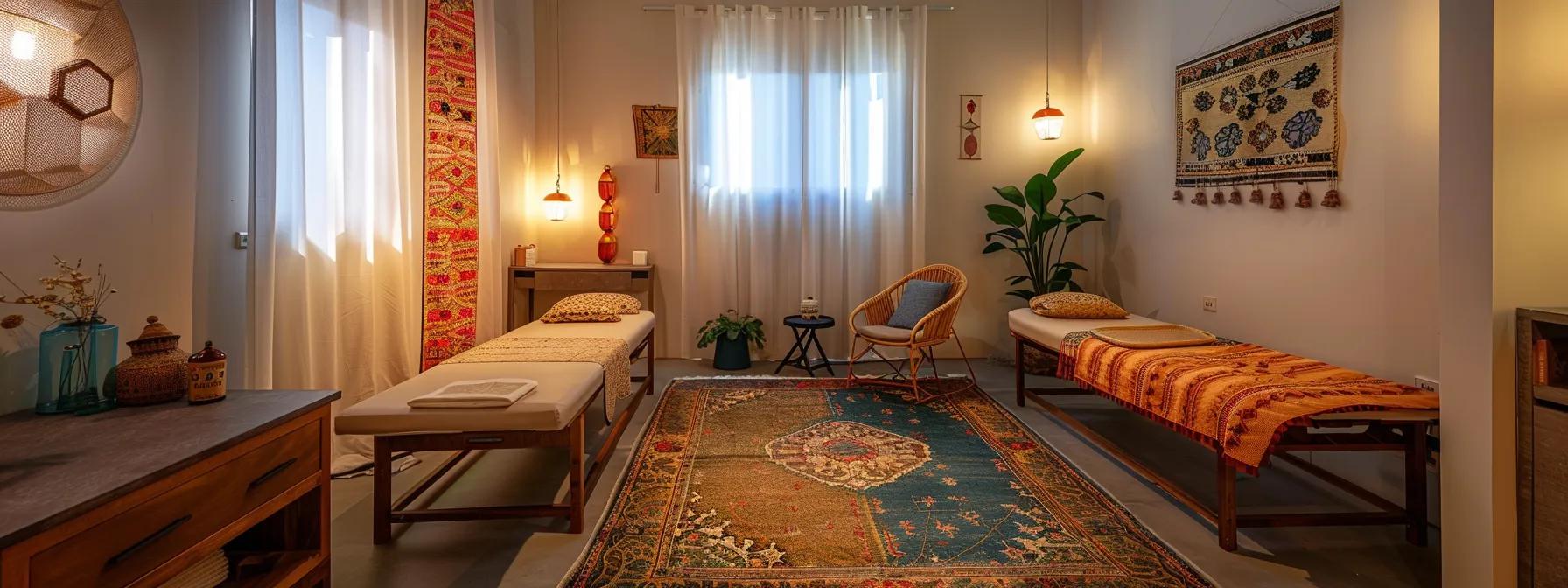 a serene and inviting ayurvedic clinic interior, featuring elegantly arranged treatment rooms with soothing colors, aromatic essential oils, and traditional healing equipment, creating a tranquil atmosphere conducive to holistic wellness. a serene and inviting ayurvedic clinic interior, featuring elegantly arranged treatment rooms with soothing colors, aromatic essential oils, and traditional healing equipment, creating a tranquil atmosphere conducive to holistic wellness.